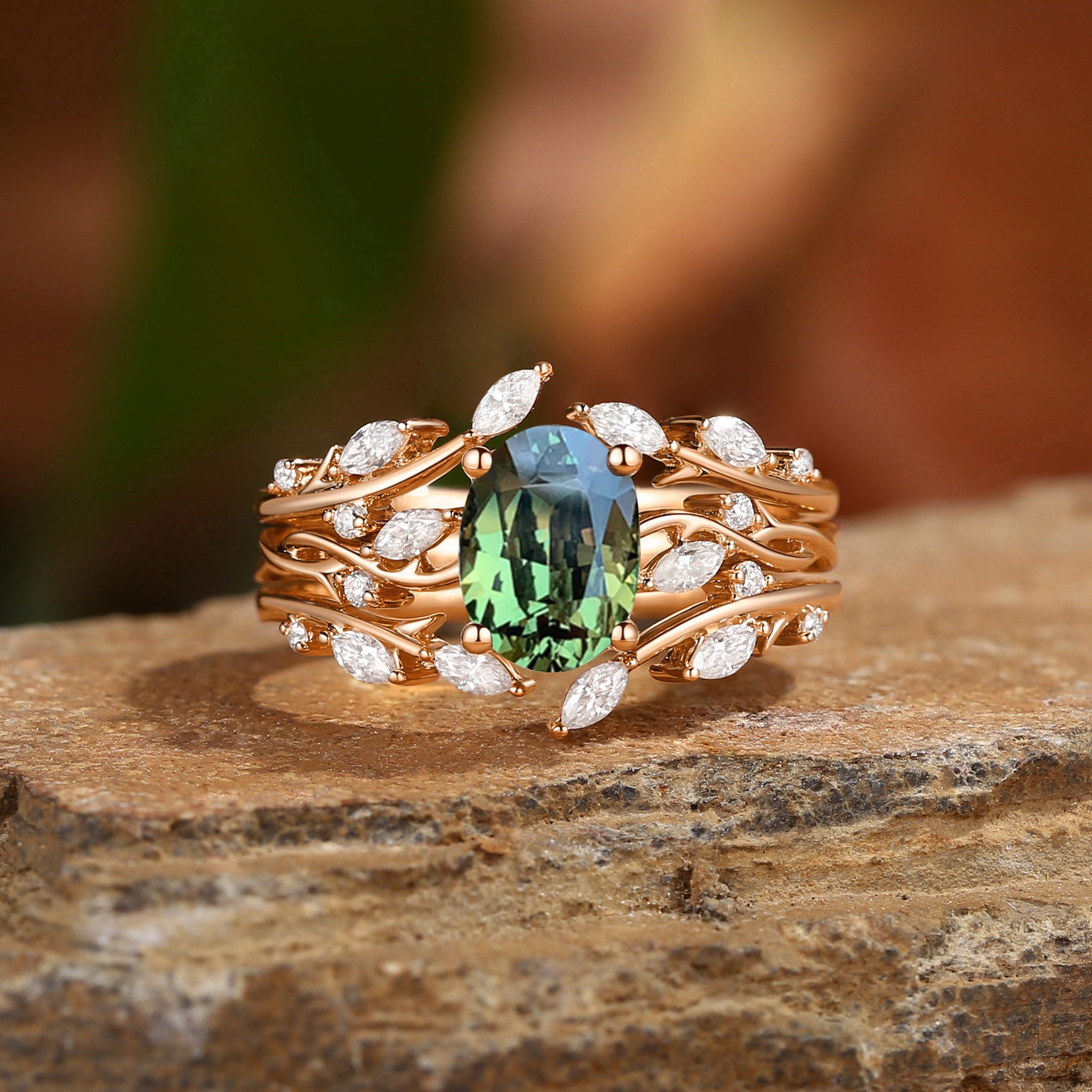 Brianna - Oval Cut Natural BLue Green Sapphire Cluster Ring Set 3pcs