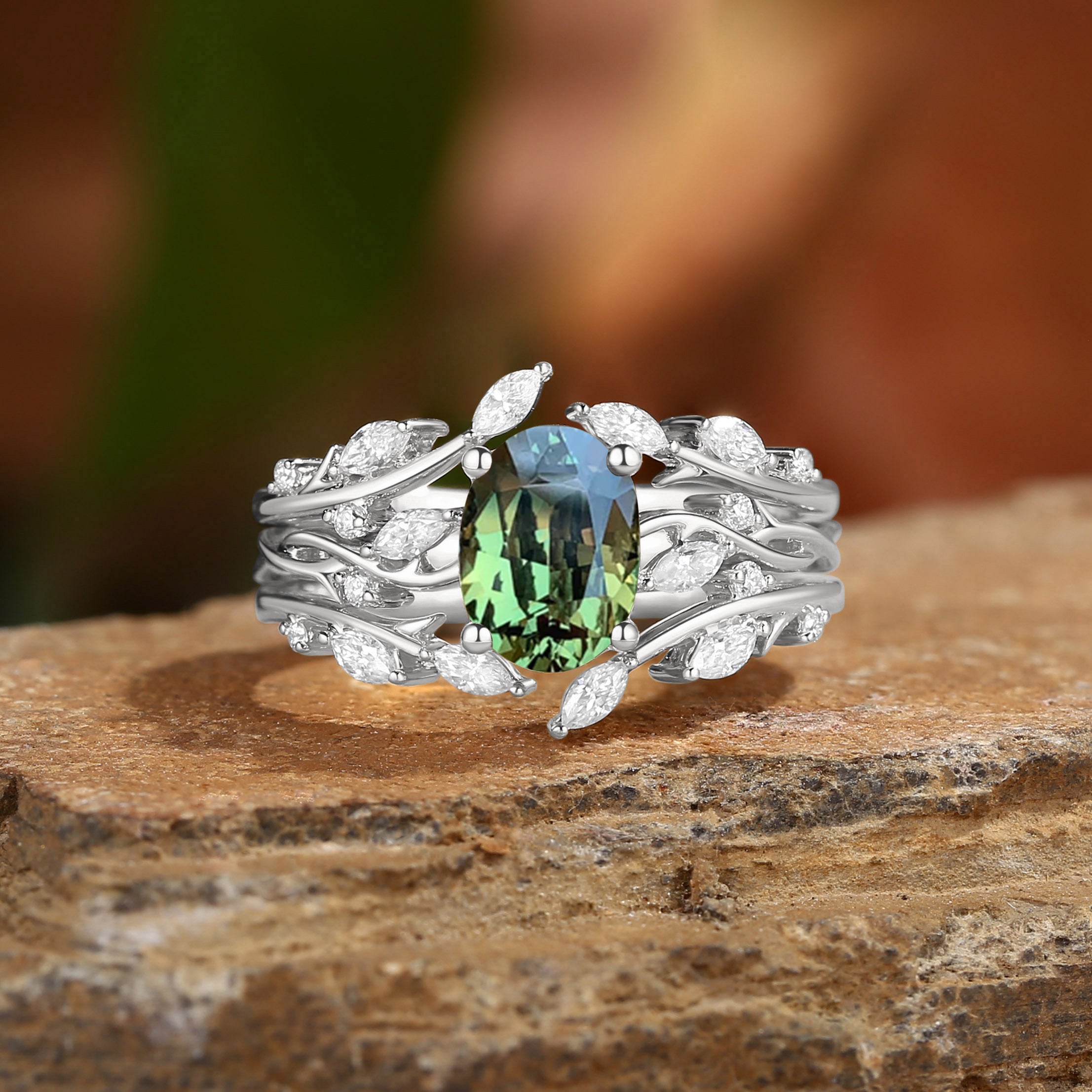 Brianna - Oval Cut Natural BLue Green Sapphire Cluster Ring Set 3pcs