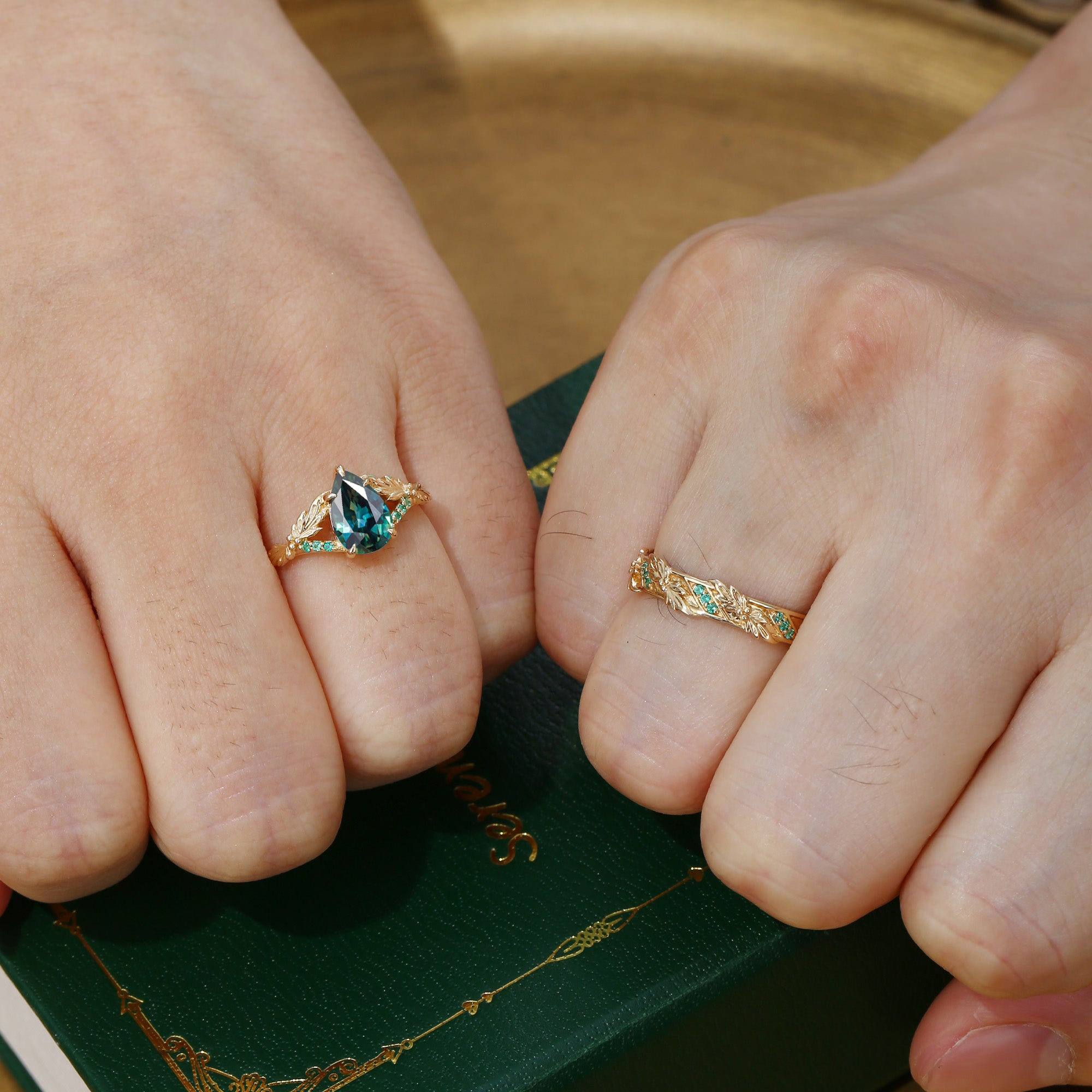 Cynthia - Pear Cut Blue Green Sapphire & Leaf Lab Emeral Couple Ring