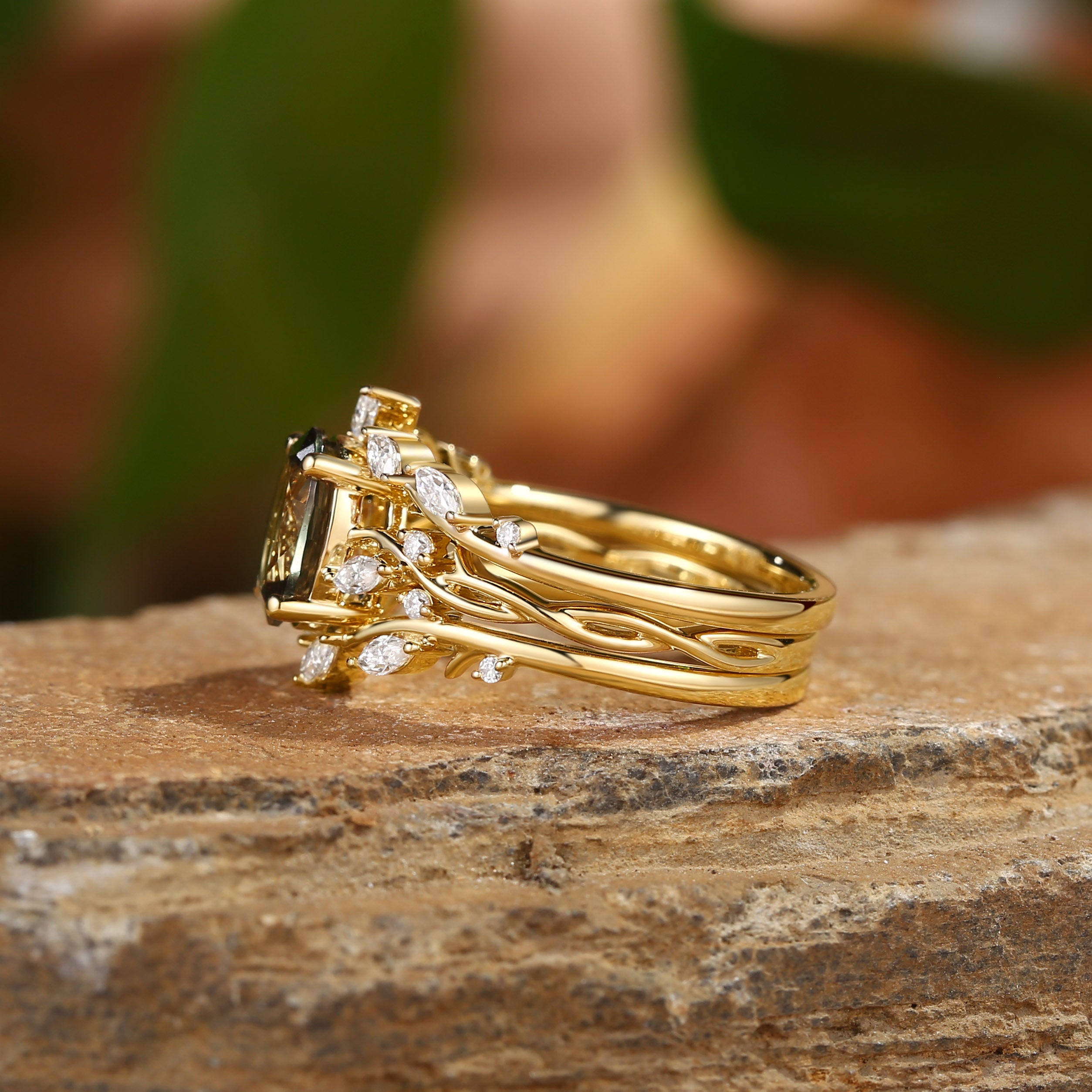 Brianna - Oval Cut Natural BLue Green Sapphire Cluster Ring Set 3pcs