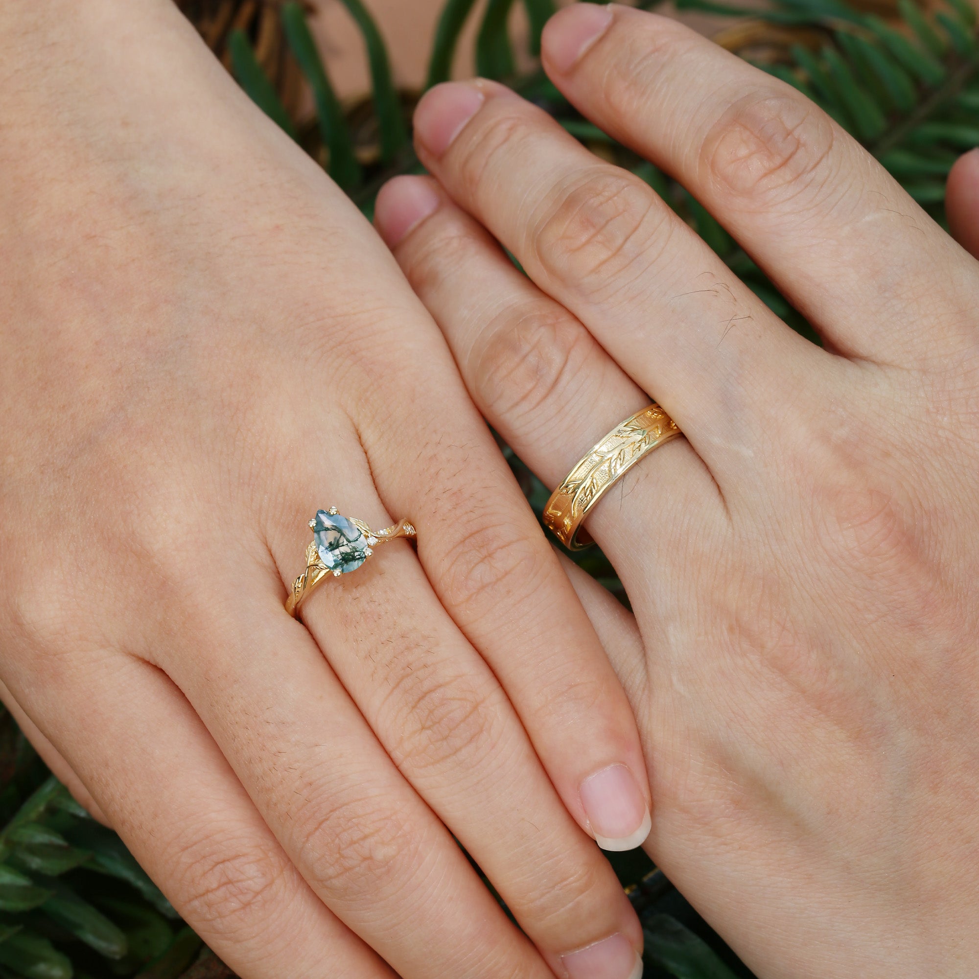 Constance - Pear Cut Moss Agate & Leaf Wedding Band Couple Ring