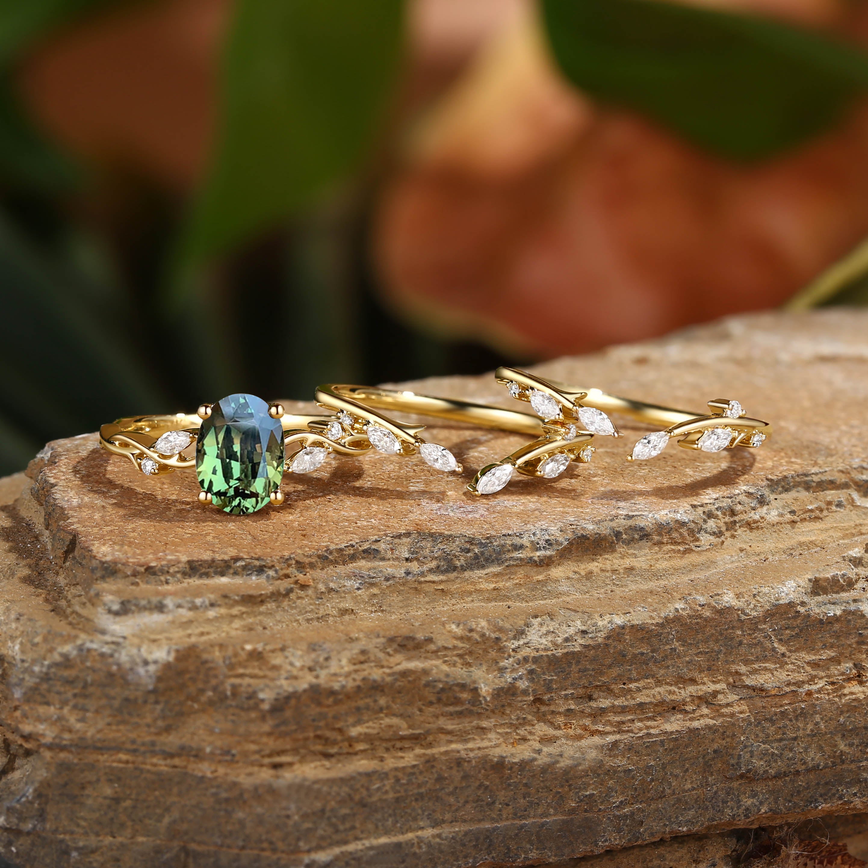 Brianna - Oval Cut Natural BLue Green Sapphire Cluster Ring Set 3pcs