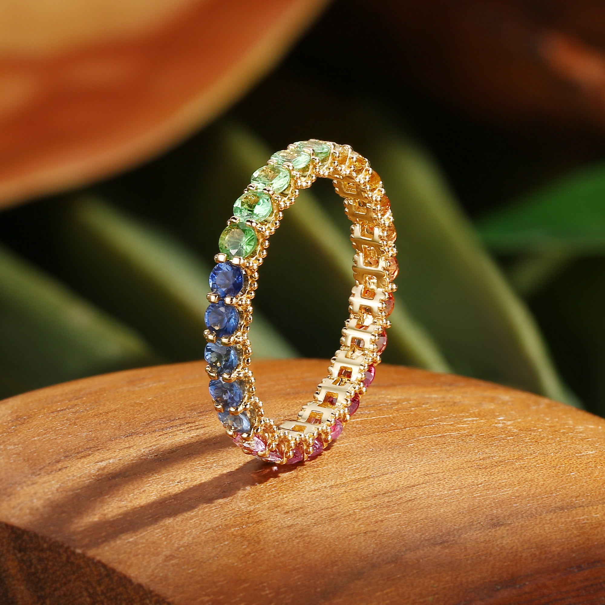 Wedding Band - Vintage Rainbow Sapphire Ring 3mm Wedding Band