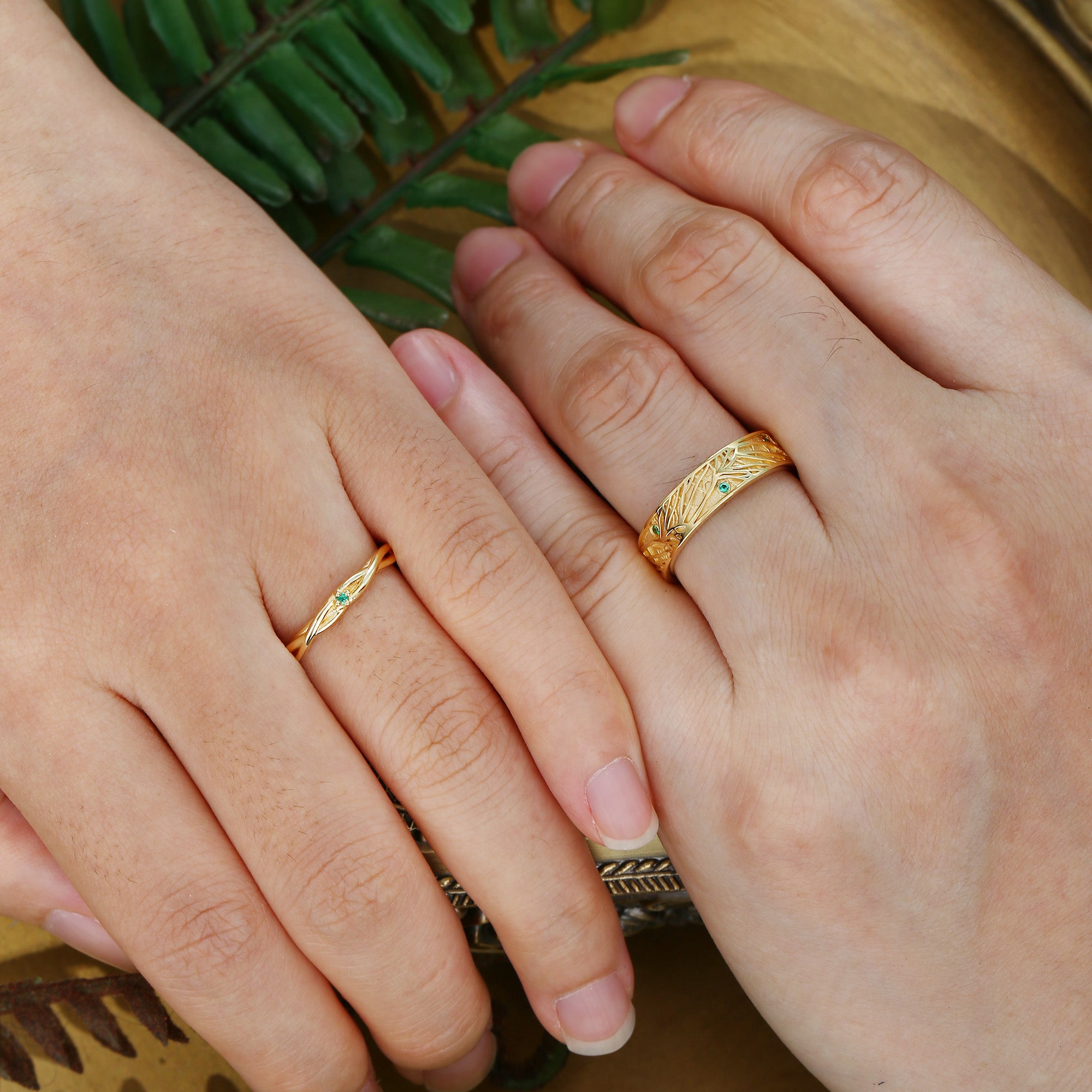 Couple Ring - Vintage Forest Art Deco Elf Tree Promise Birthstone Ring Set