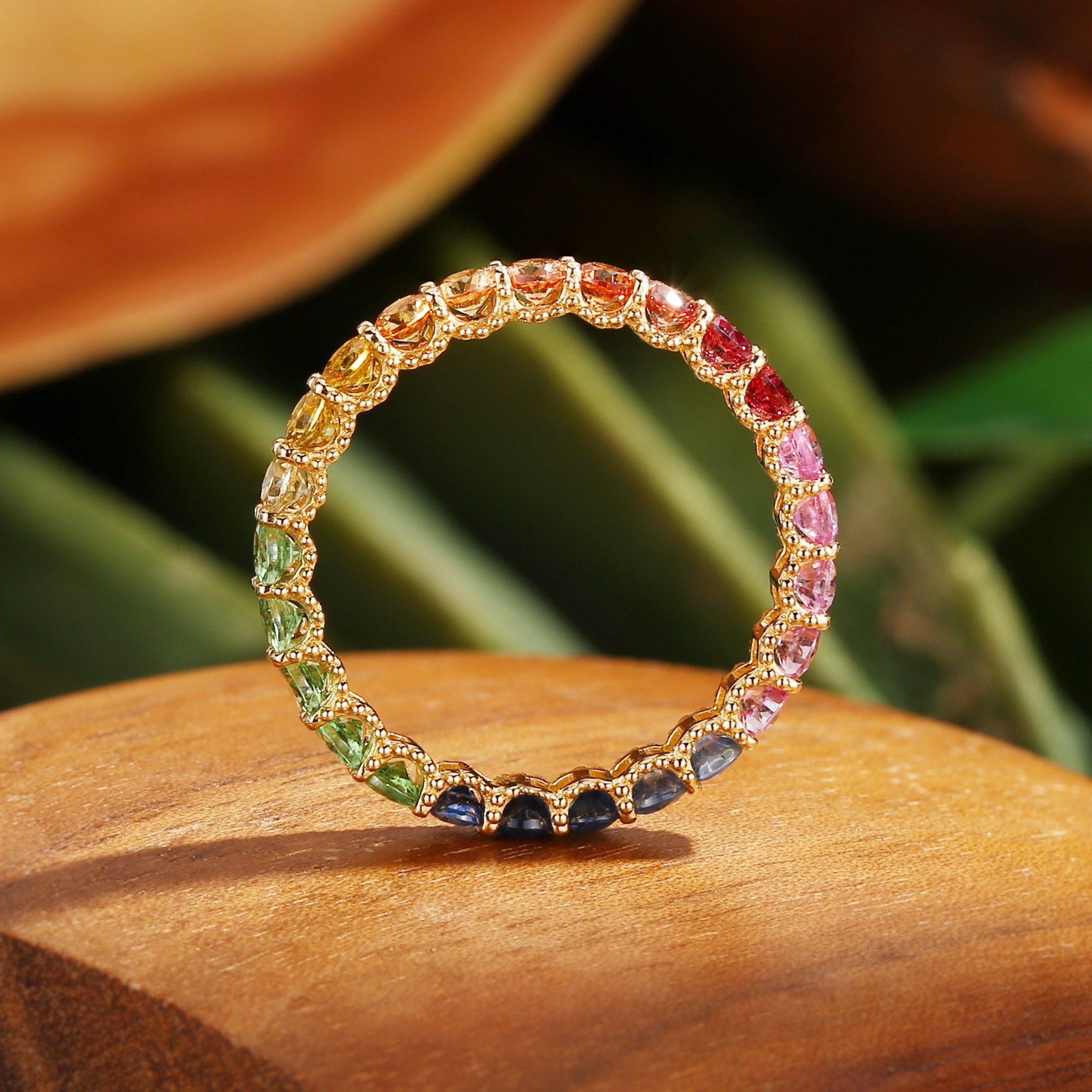 Wedding Band - Vintage Rainbow Sapphire Ring 3mm Wedding Band