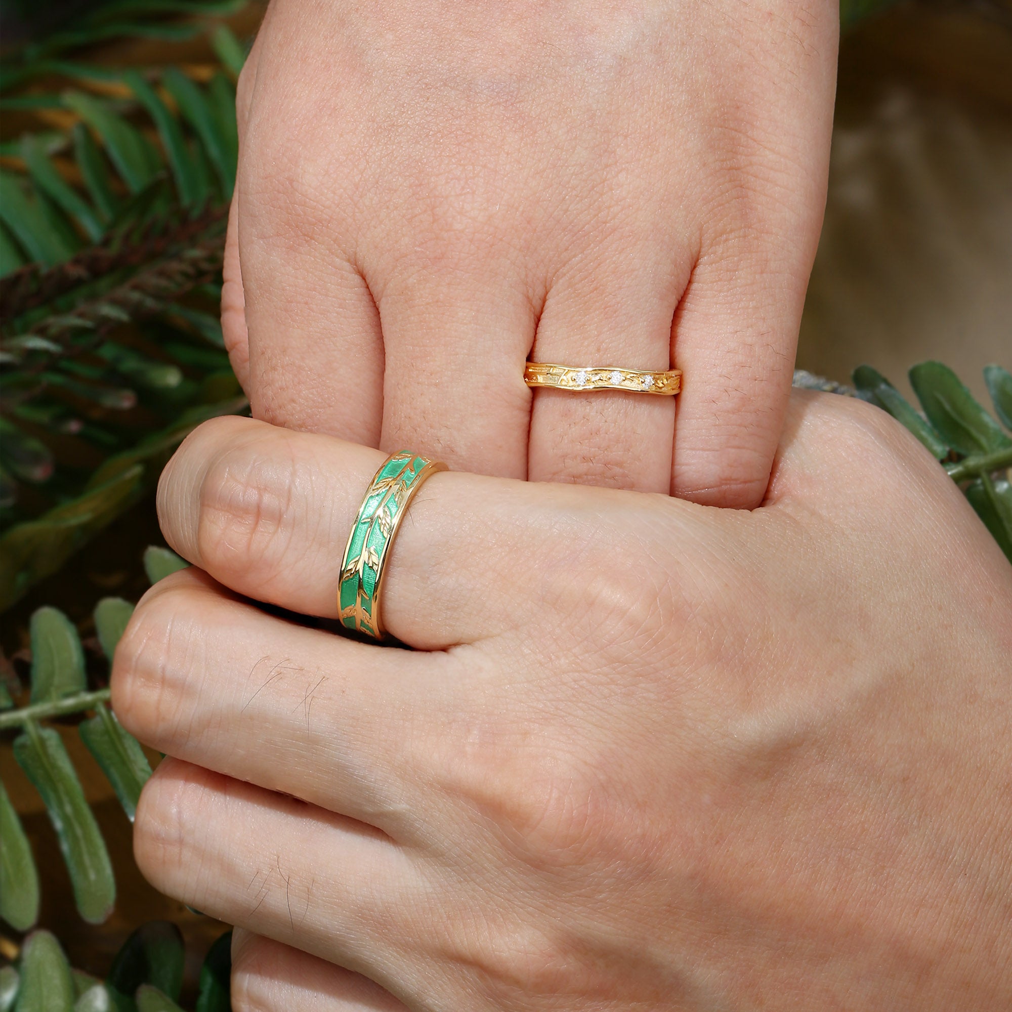 Couple Ring - Nature Inspired Green Enamel Promise Ring Set