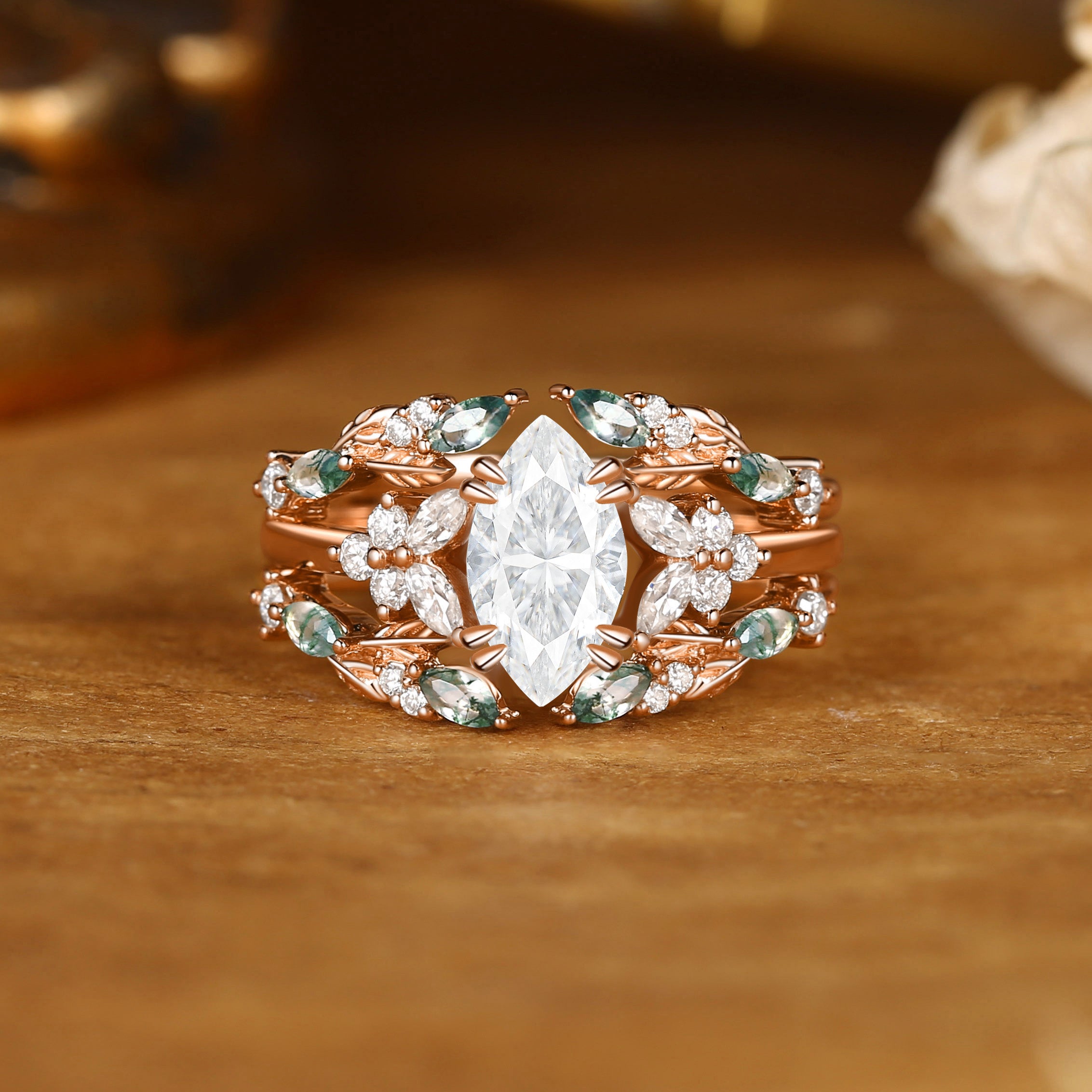 Jasmine - Vintage Marquise Cut Moissanite Cluster Moss Agate Leaf Ring Bridal Set