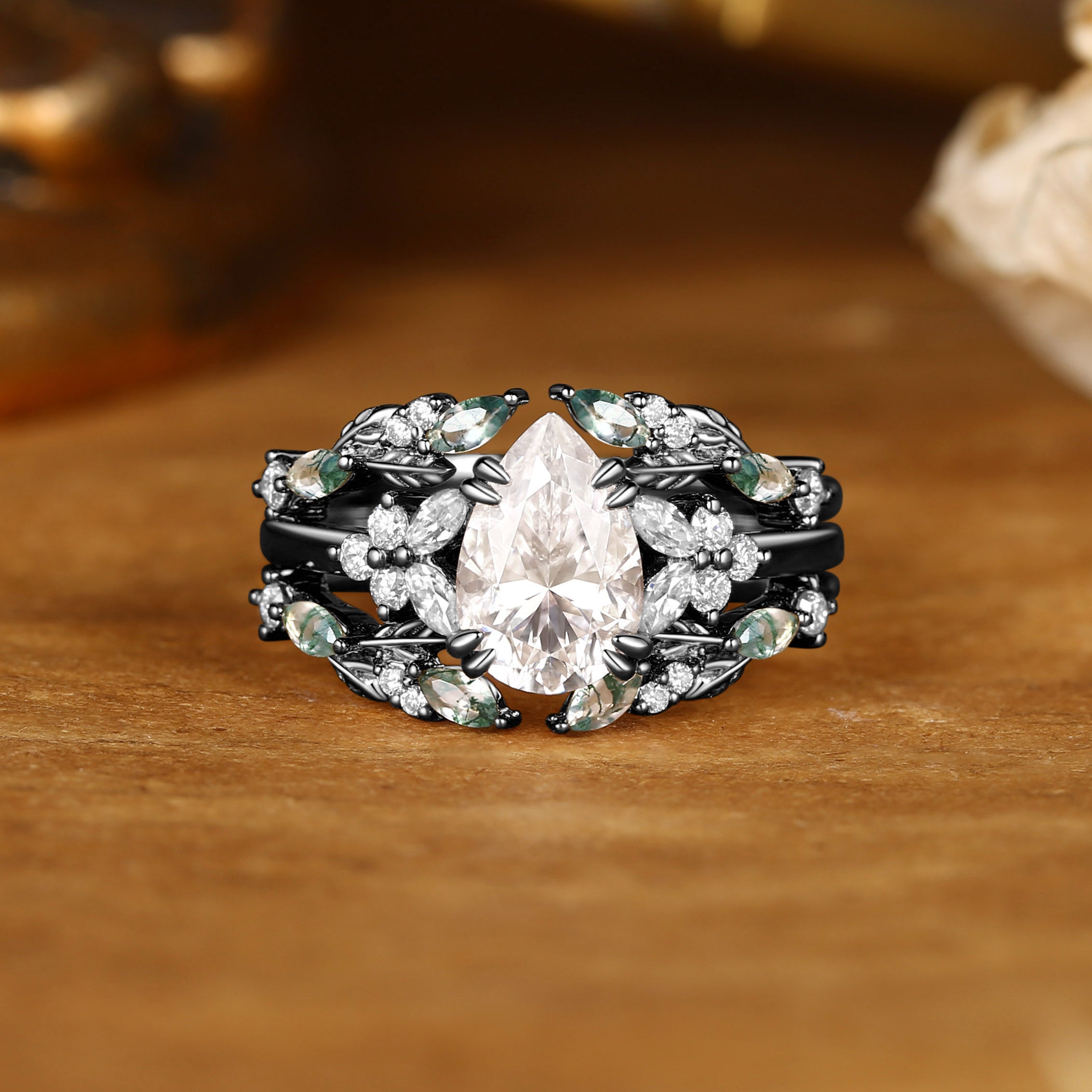 Jasmine - Vintage Pear Cut Moissanite Cluster Moss Agate Leaf Ring Bridal Set