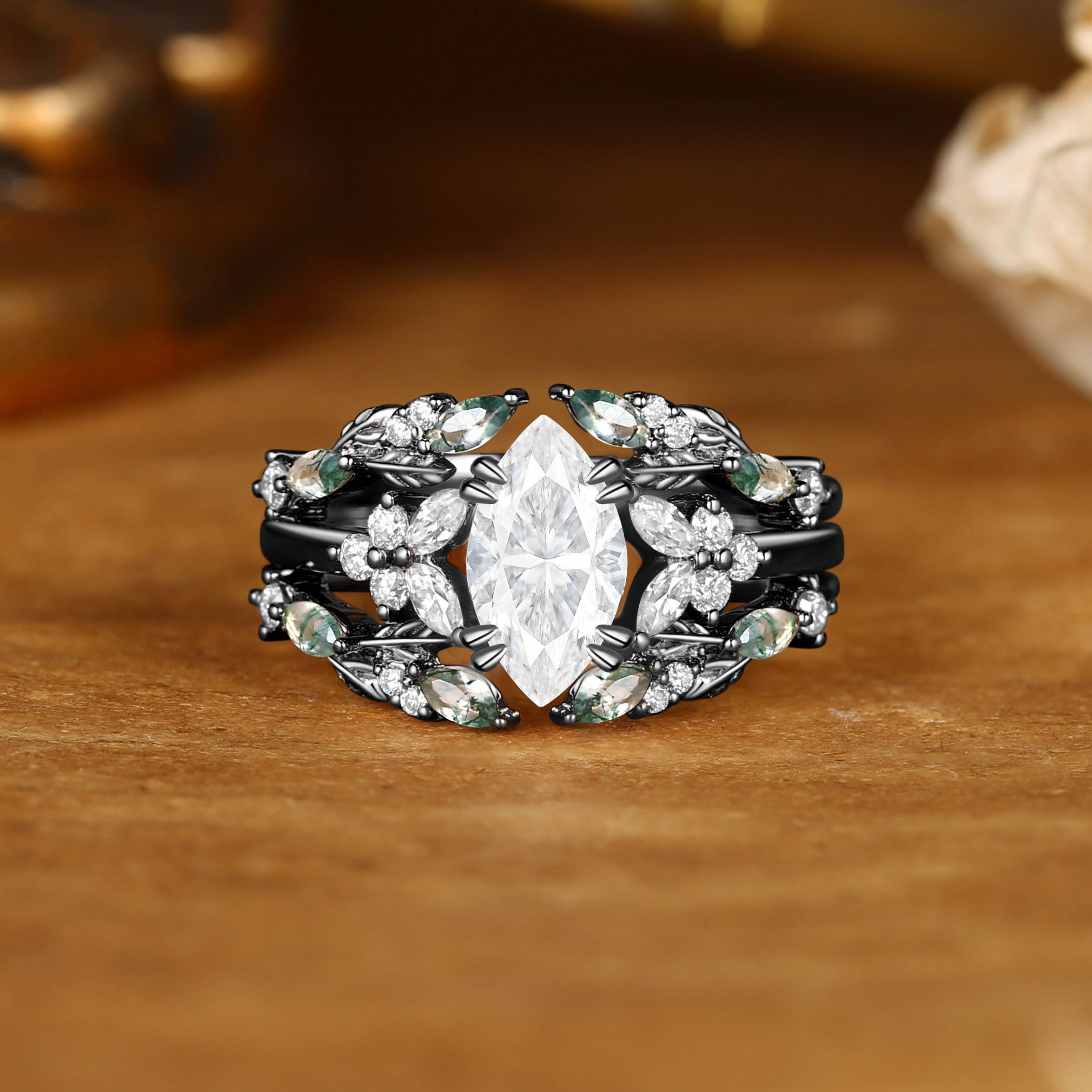 Jasmine - Vintage Marquise Cut Moissanite Cluster Moss Agate Leaf Ring Bridal Set