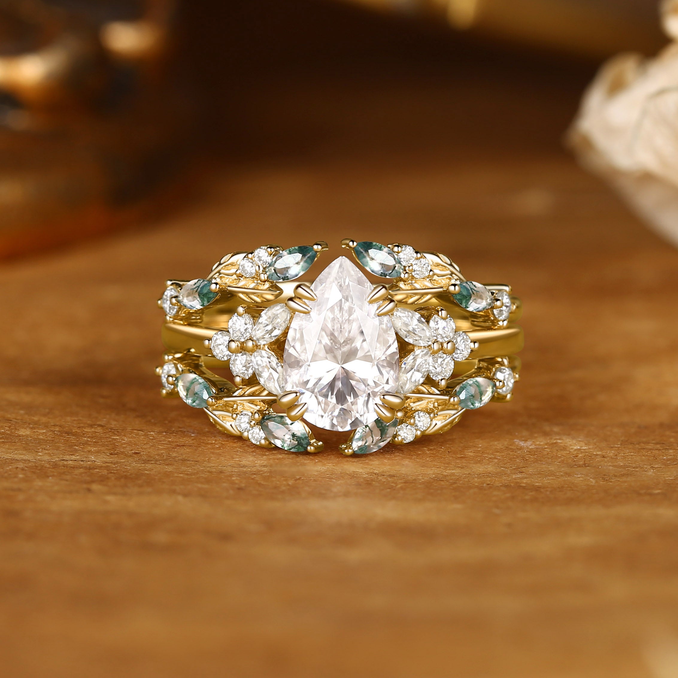 Jasmine - Vintage Pear Cut Moissanite Cluster Moss Agate Leaf Ring Bridal Set