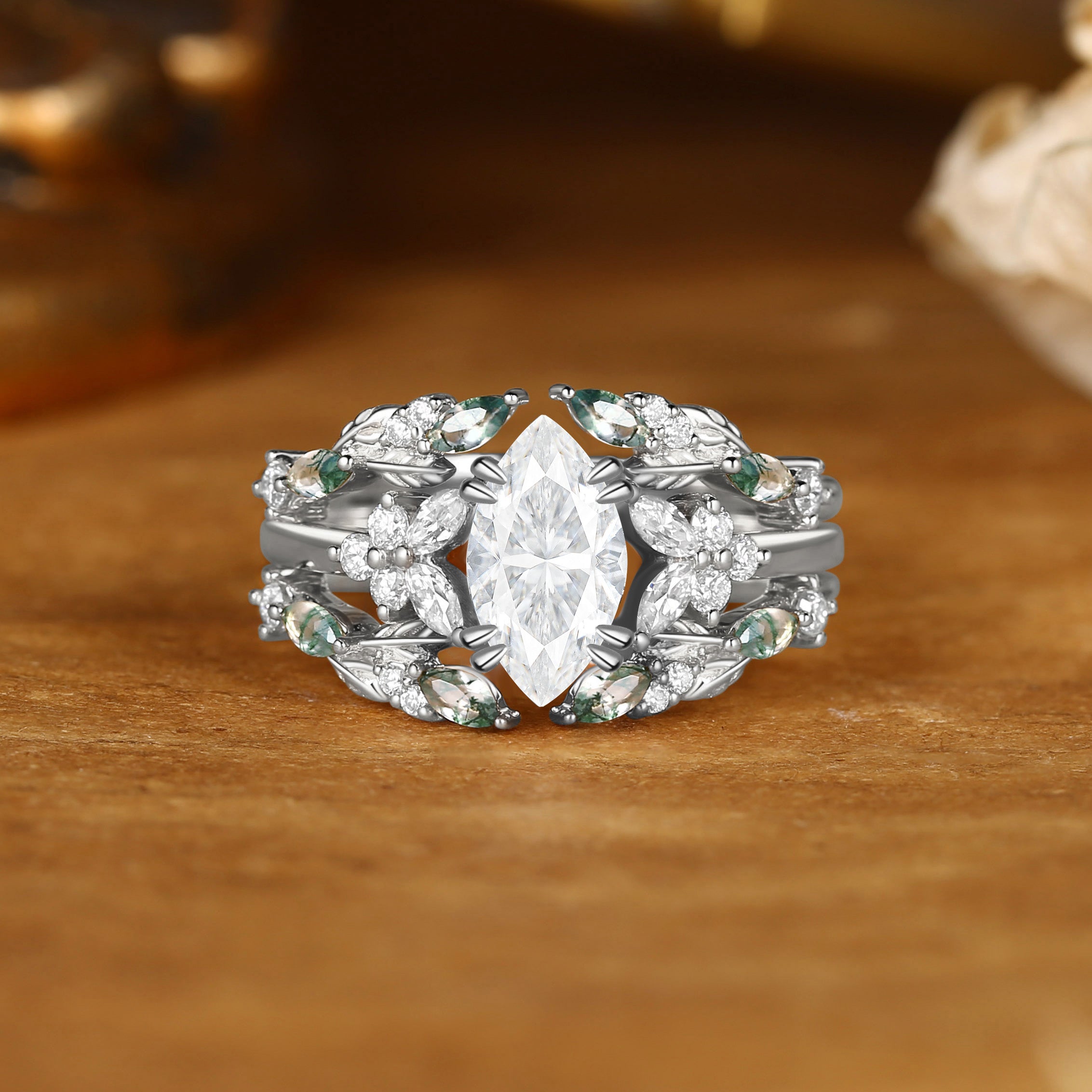 Jasmine - Vintage Marquise Cut Moissanite Cluster Moss Agate Leaf Ring Bridal Set
