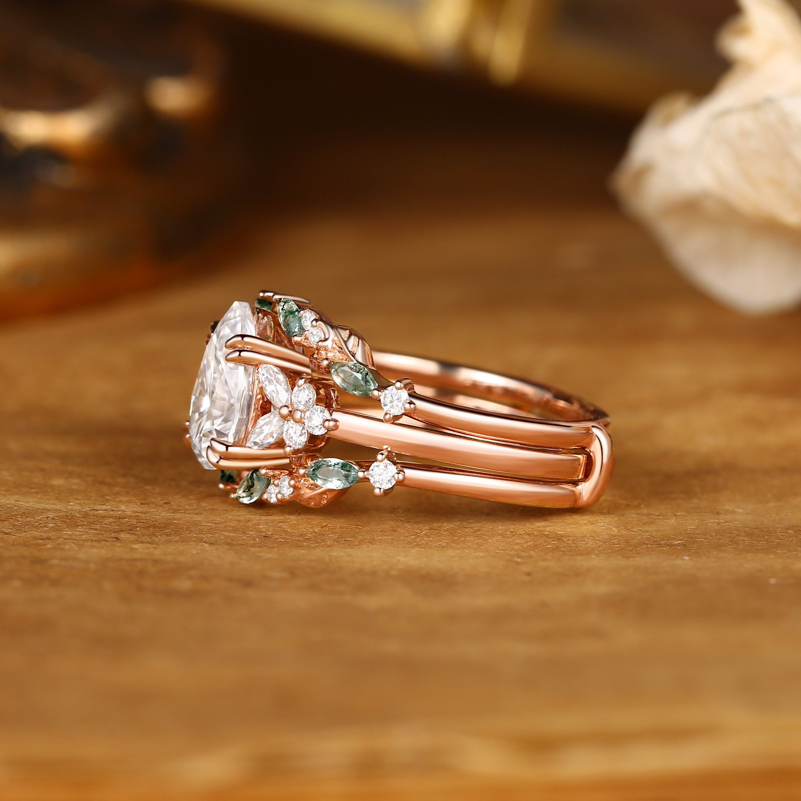 Jasmine - Vintage Pear Cut Moissanite Cluster Moss Agate Leaf Ring Bridal Set