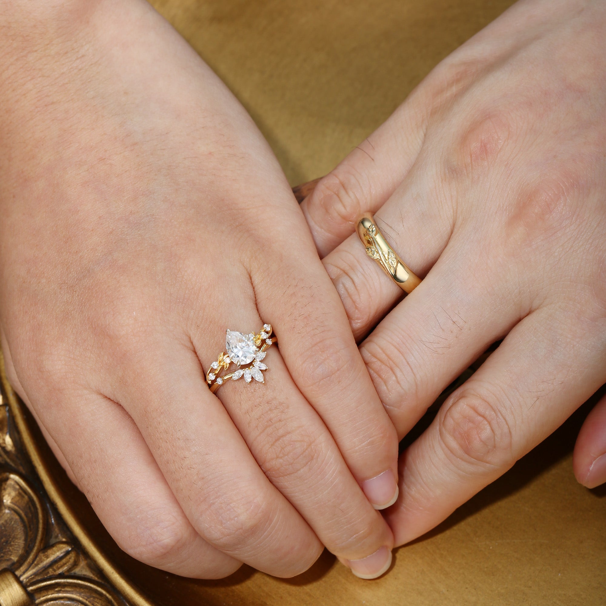 Clarissa - Moissanite Pear Cut Leafy Gold Couple Ring Set