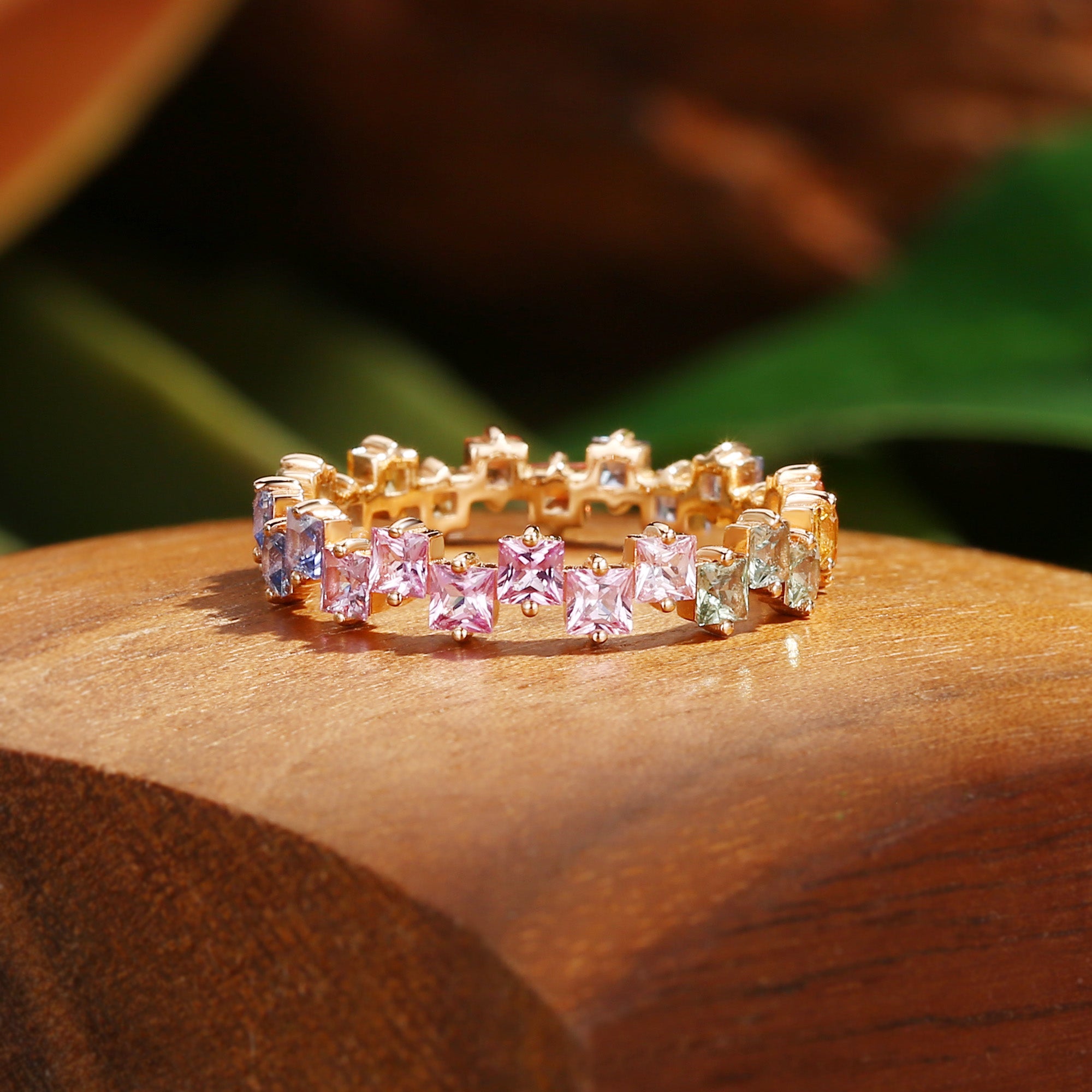 Wedding Band - Unique Princess Cut Rainbow Sapphire Ring Wedding Band