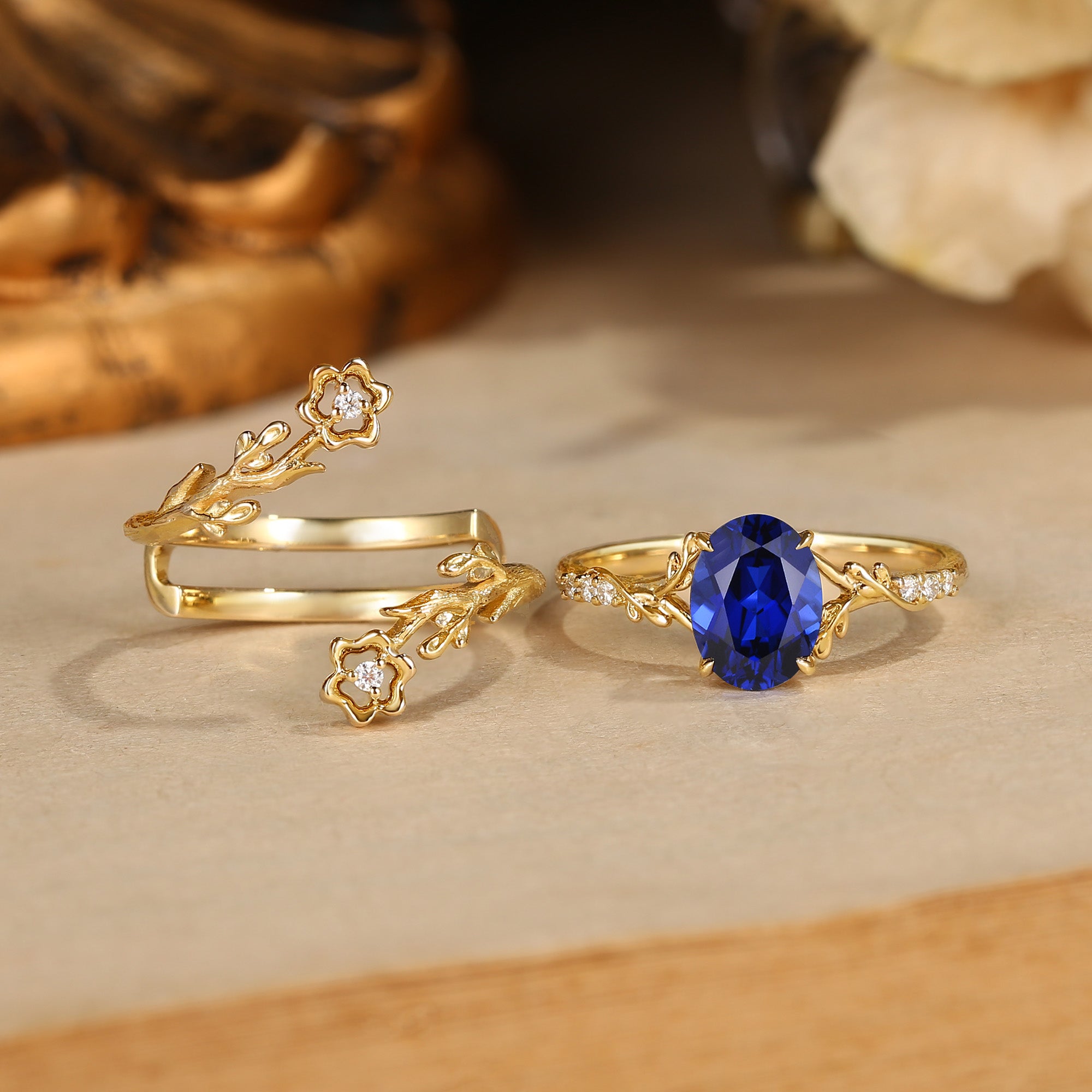 Drisana - Oval Cut Sapphire Leaf & Flower Enhancer Bridal Set 2pcs