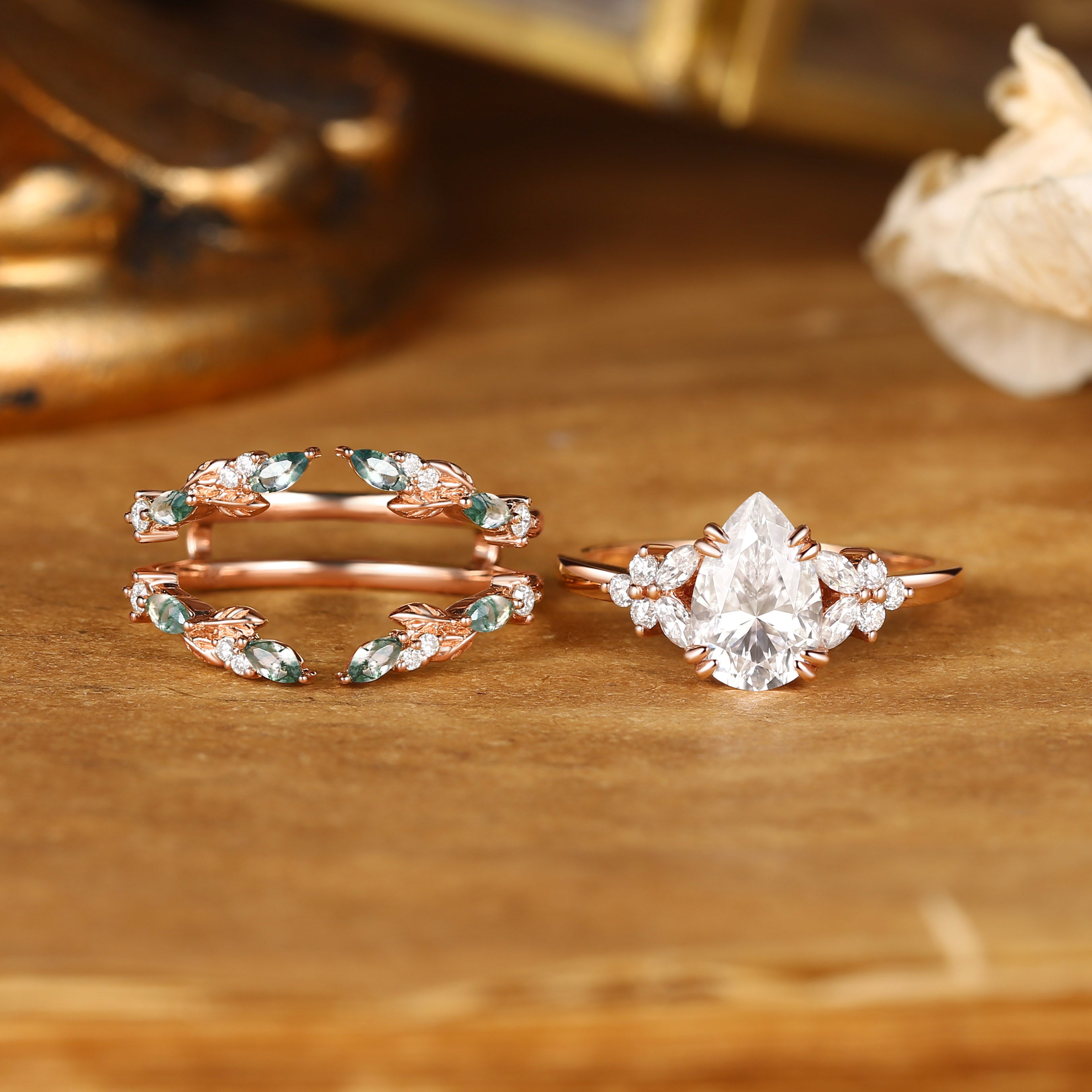 Jasmine - Vintage Pear Cut Moissanite Cluster Moss Agate Leaf Ring Bridal Set
