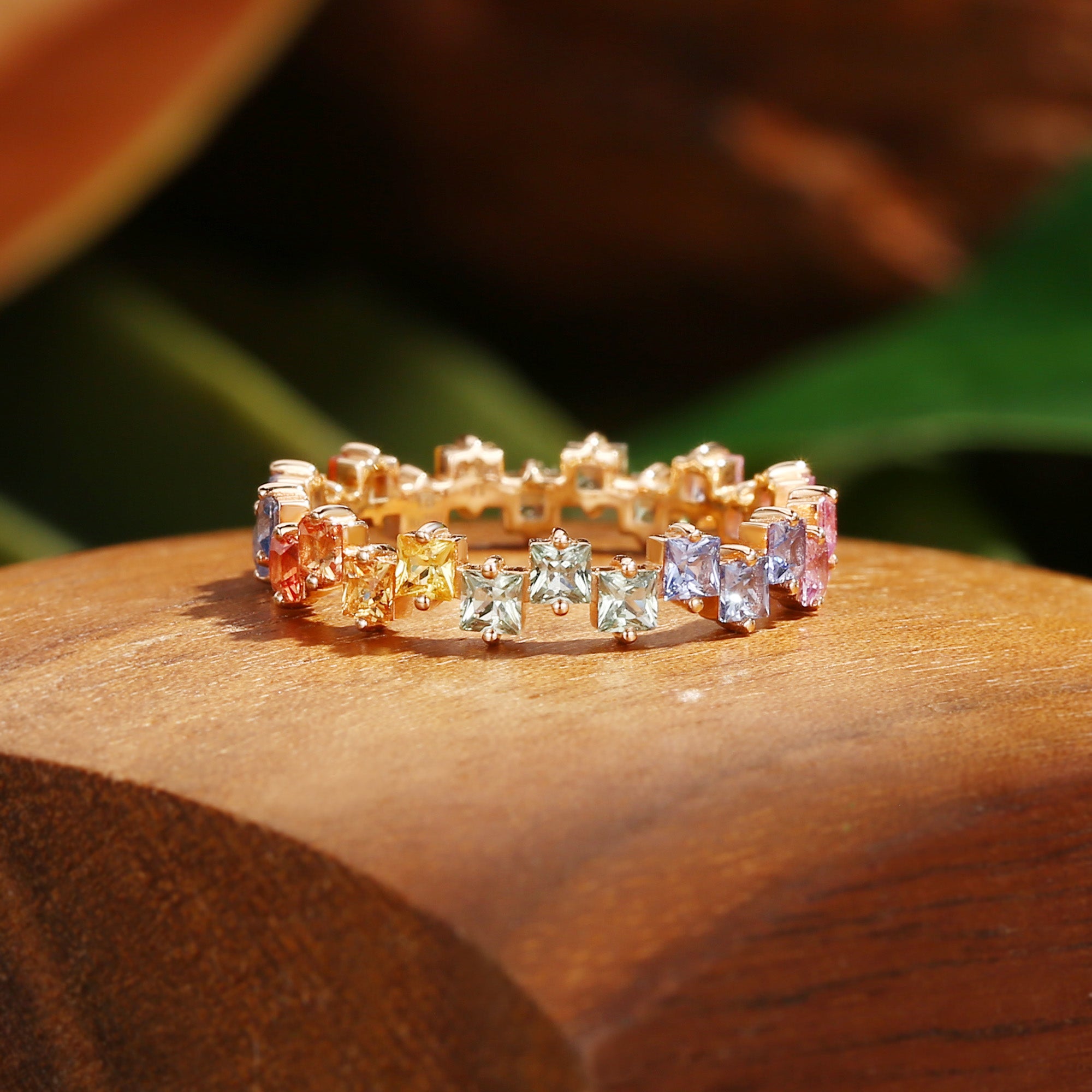 Wedding Band - Unique Princess Cut Rainbow Sapphire Ring Wedding Band