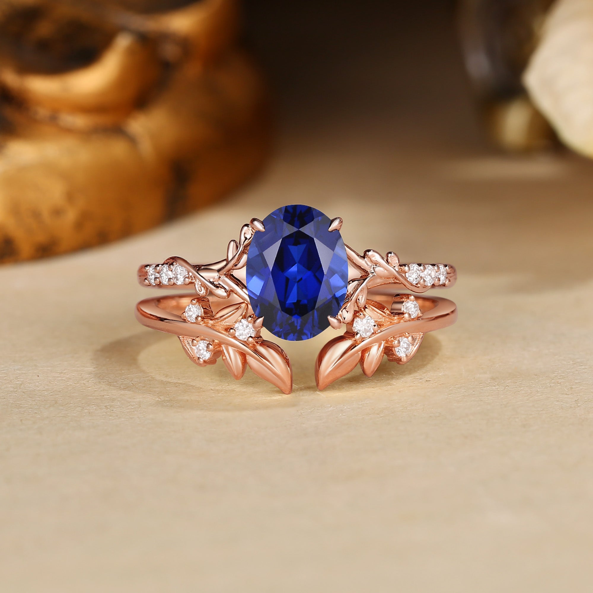 Drisana - Oval Cut Sapphire Leaf Curved Bridal Set 2pcs