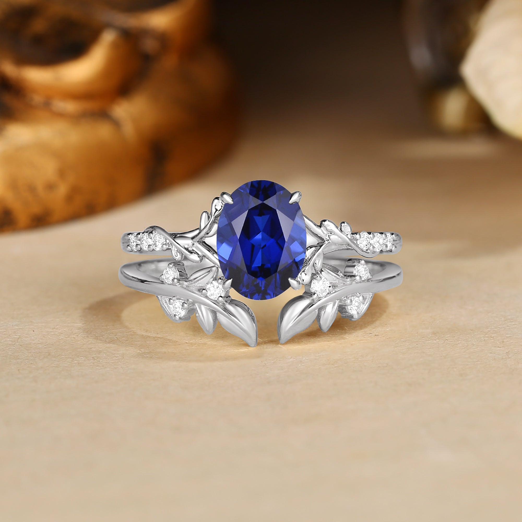 Drisana - Oval Cut Sapphire Leaf Curved Bridal Set 2pcs