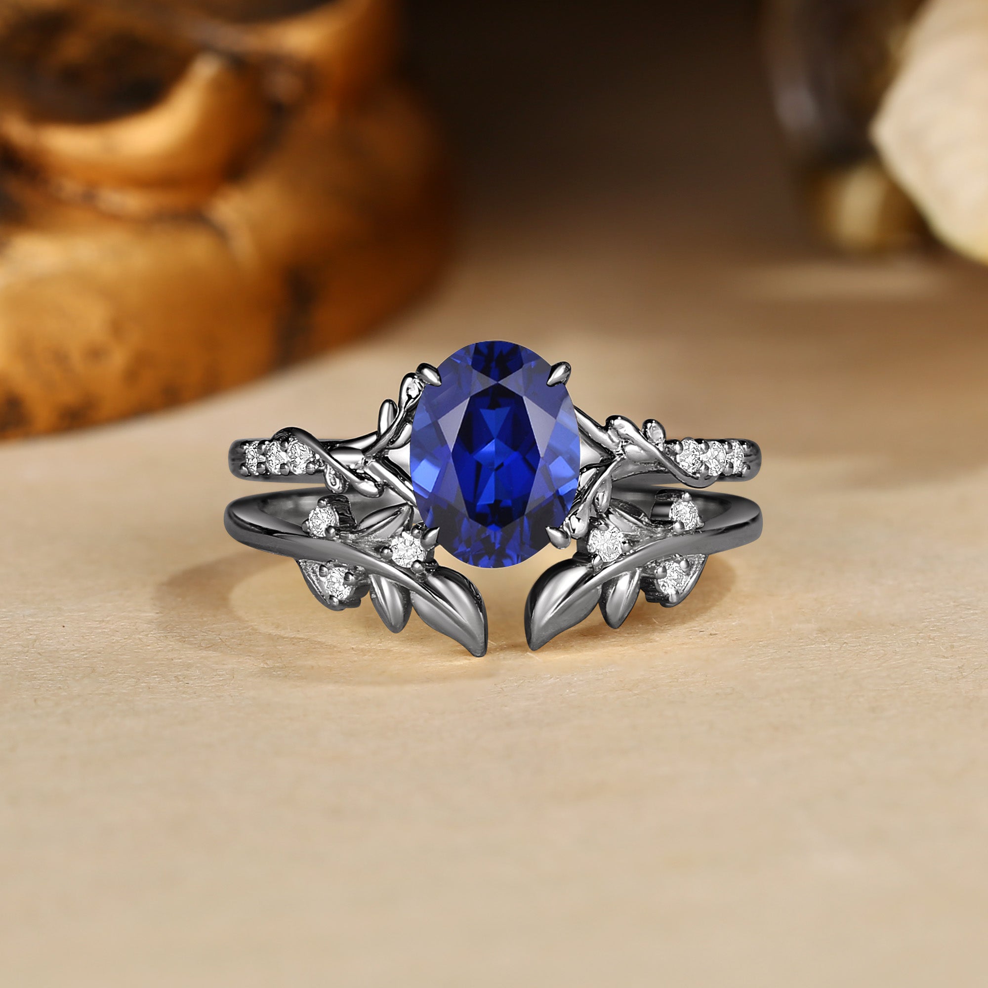 Drisana - Oval Cut Sapphire Leaf Curved Bridal Set 2pcs