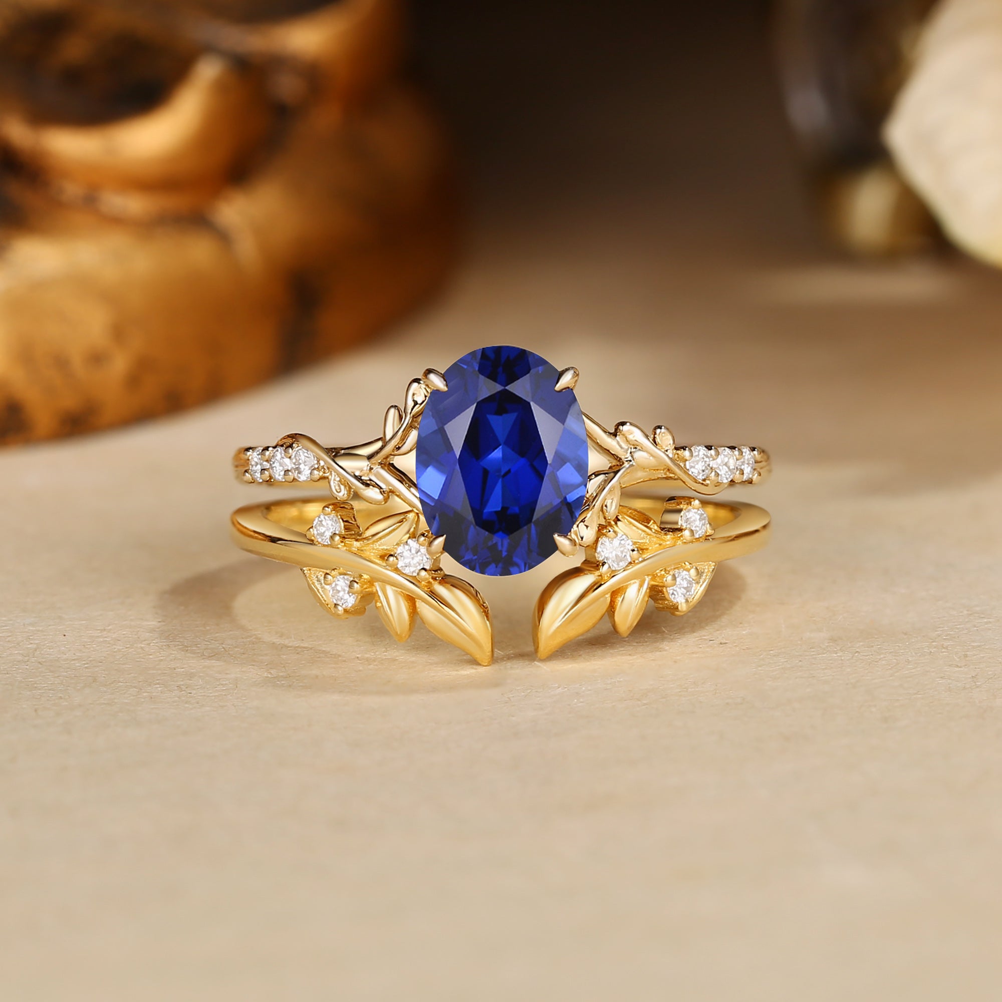 Drisana - Oval Cut Sapphire Leaf Curved Bridal Set 2pcs