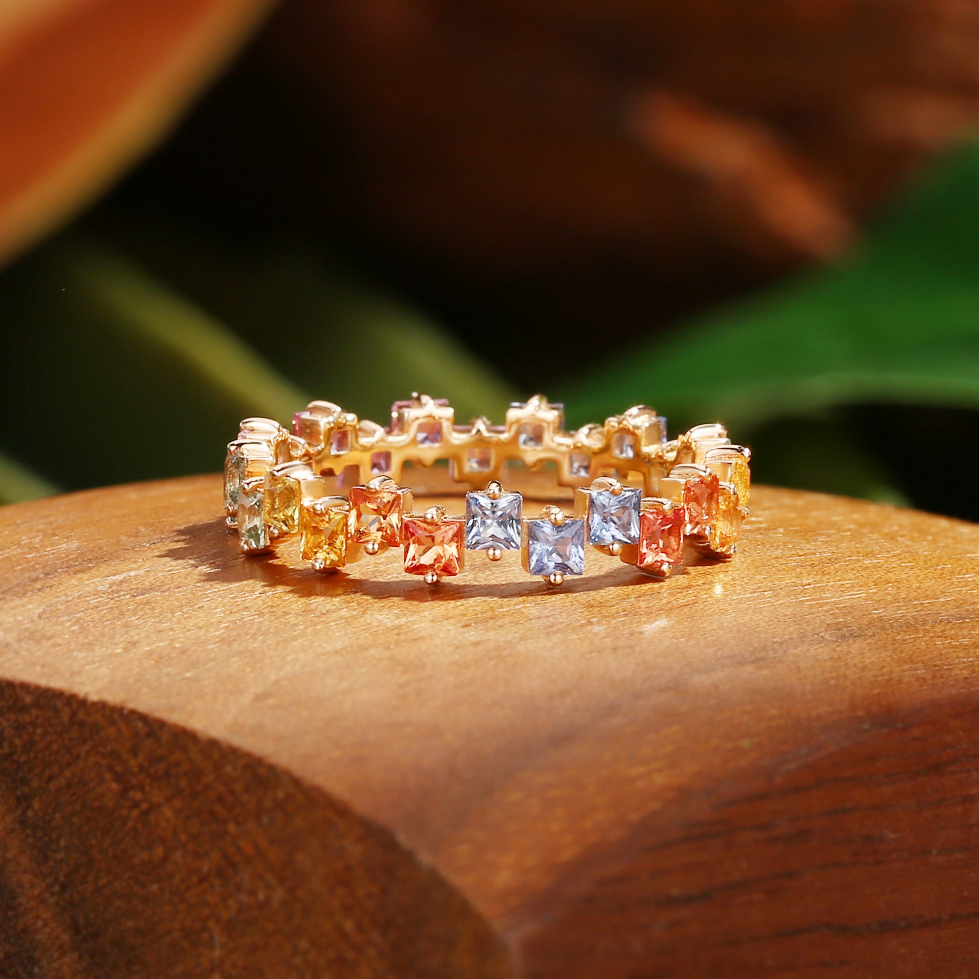 Wedding Band - Unique Princess Cut Rainbow Sapphire Ring Wedding Band