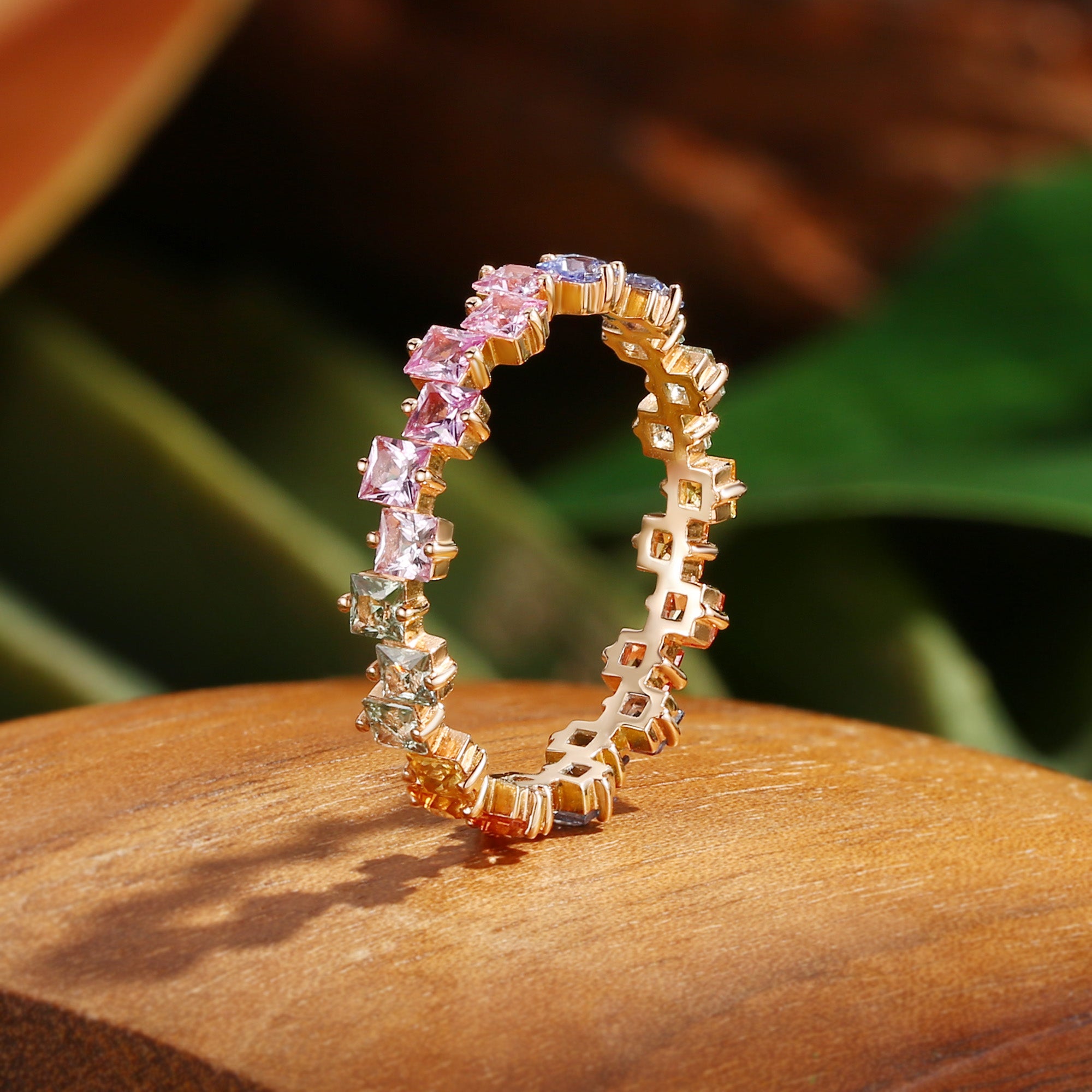 Wedding Band - Unique Princess Cut Rainbow Sapphire Ring Wedding Band