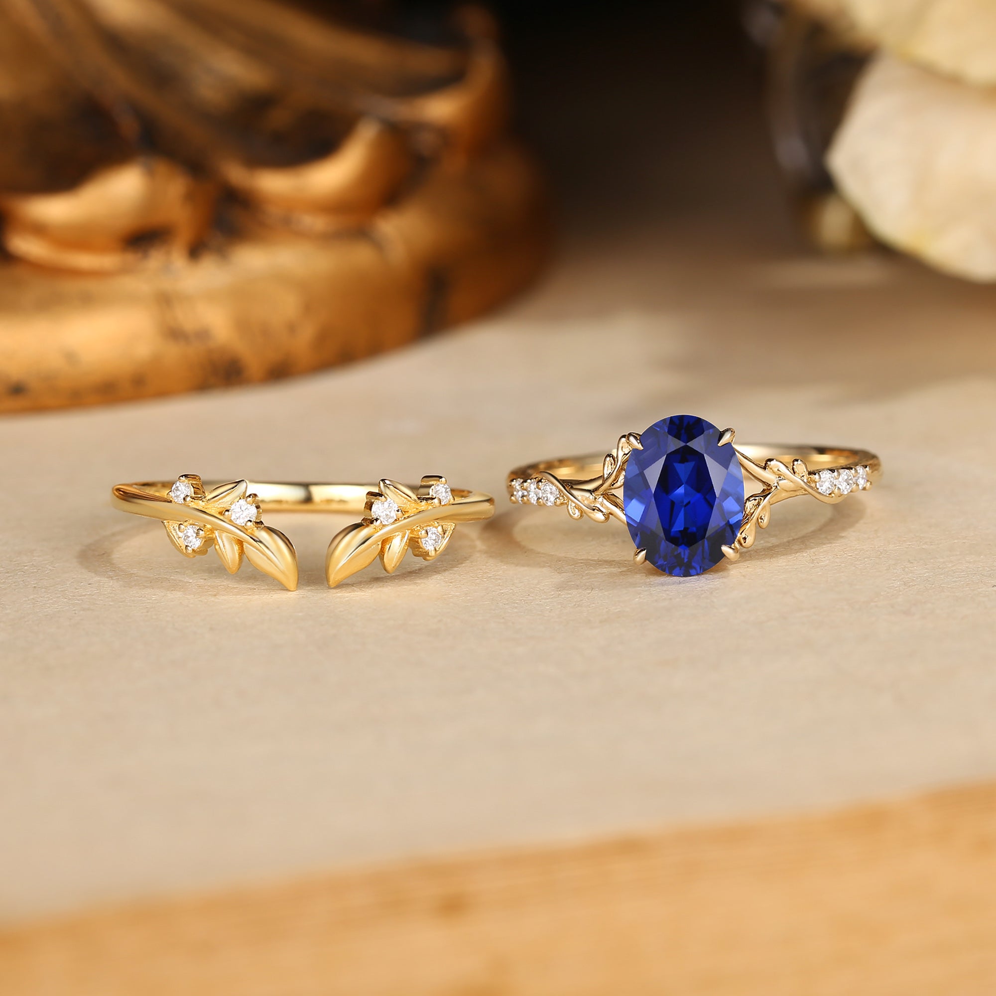 Drisana - Oval Cut Sapphire Leaf Curved Bridal Set 2pcs