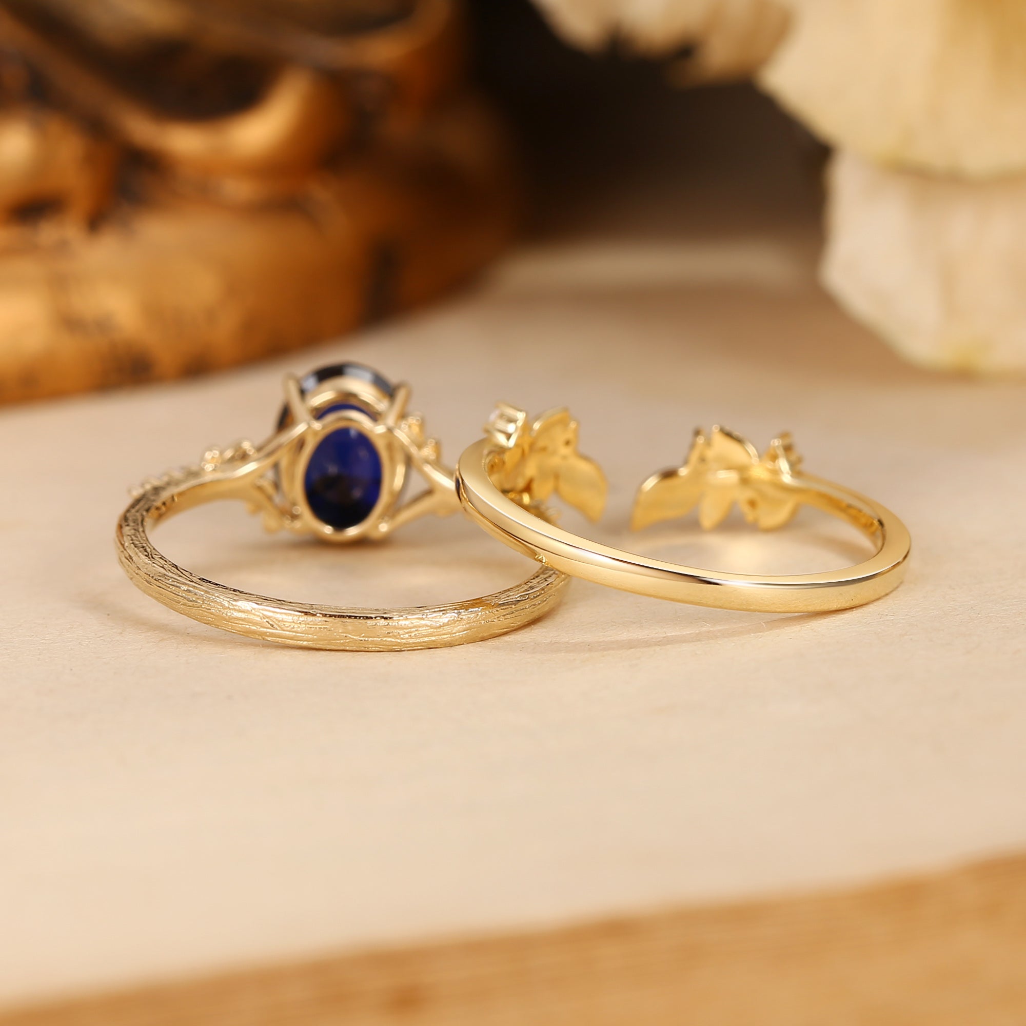 Drisana - Oval Cut Sapphire Leaf Curved Bridal Set 2pcs