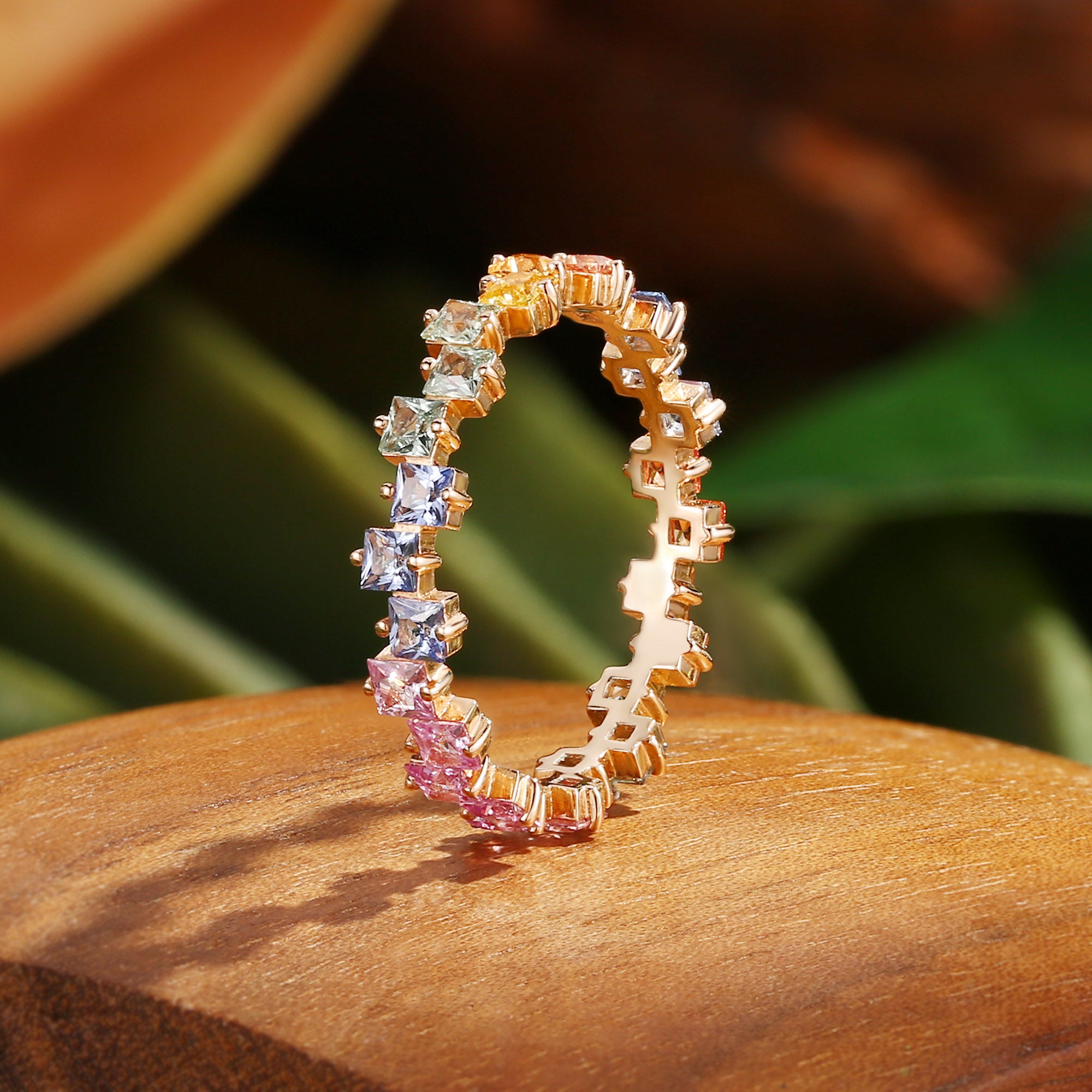 Wedding Band - Unique Princess Cut Rainbow Sapphire Ring Wedding Band