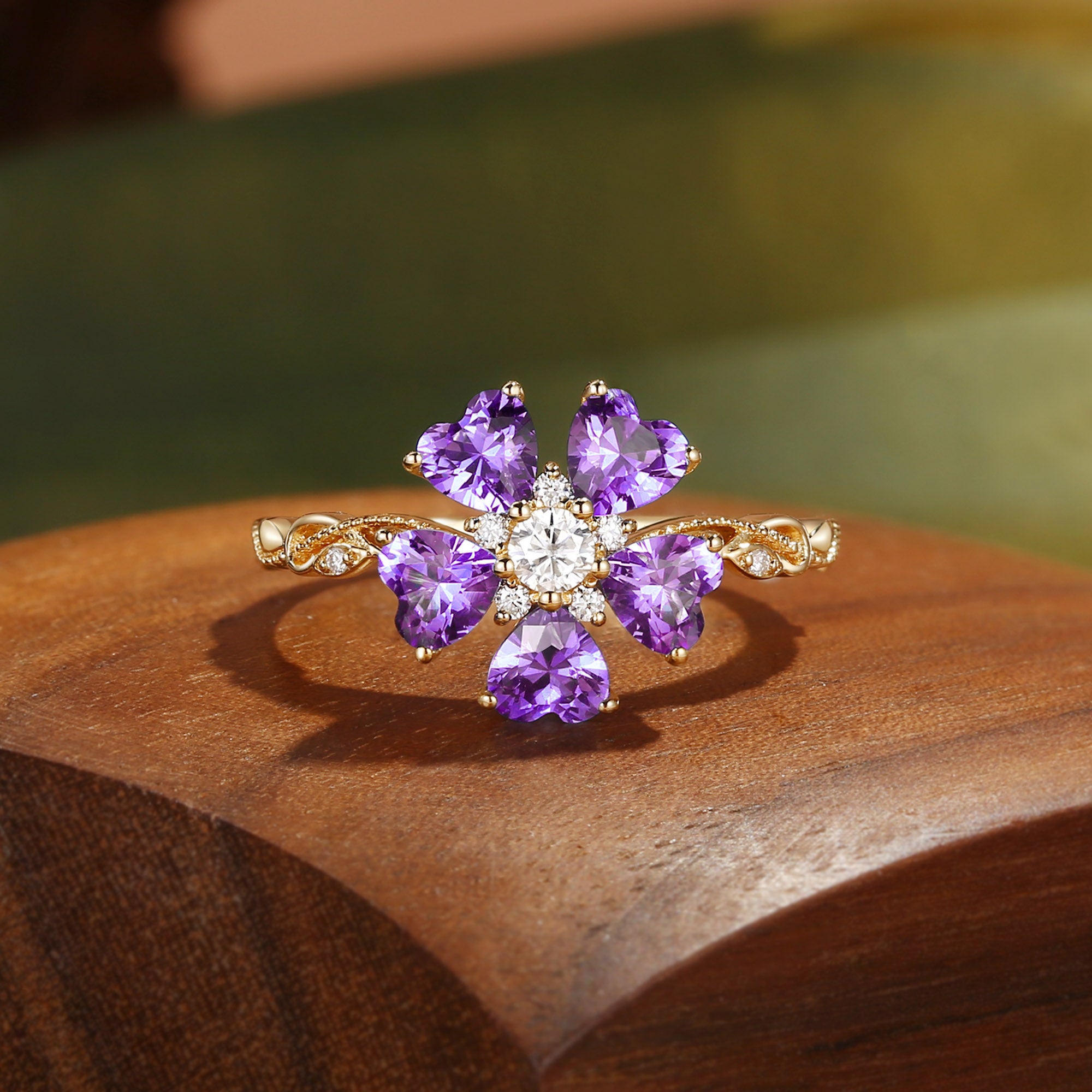 Marguerite - Flower Heart Cut Amethyst Filigree Engagement Ring