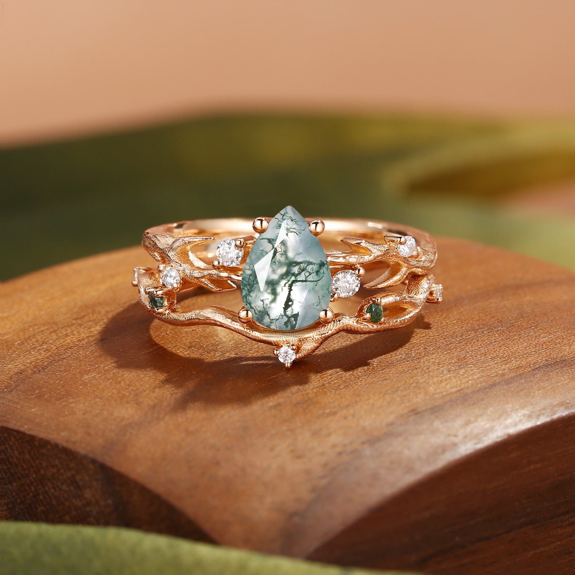 Camellia - Pear Cut Moss Agate Branch Leafy Bridal Set 2pcs