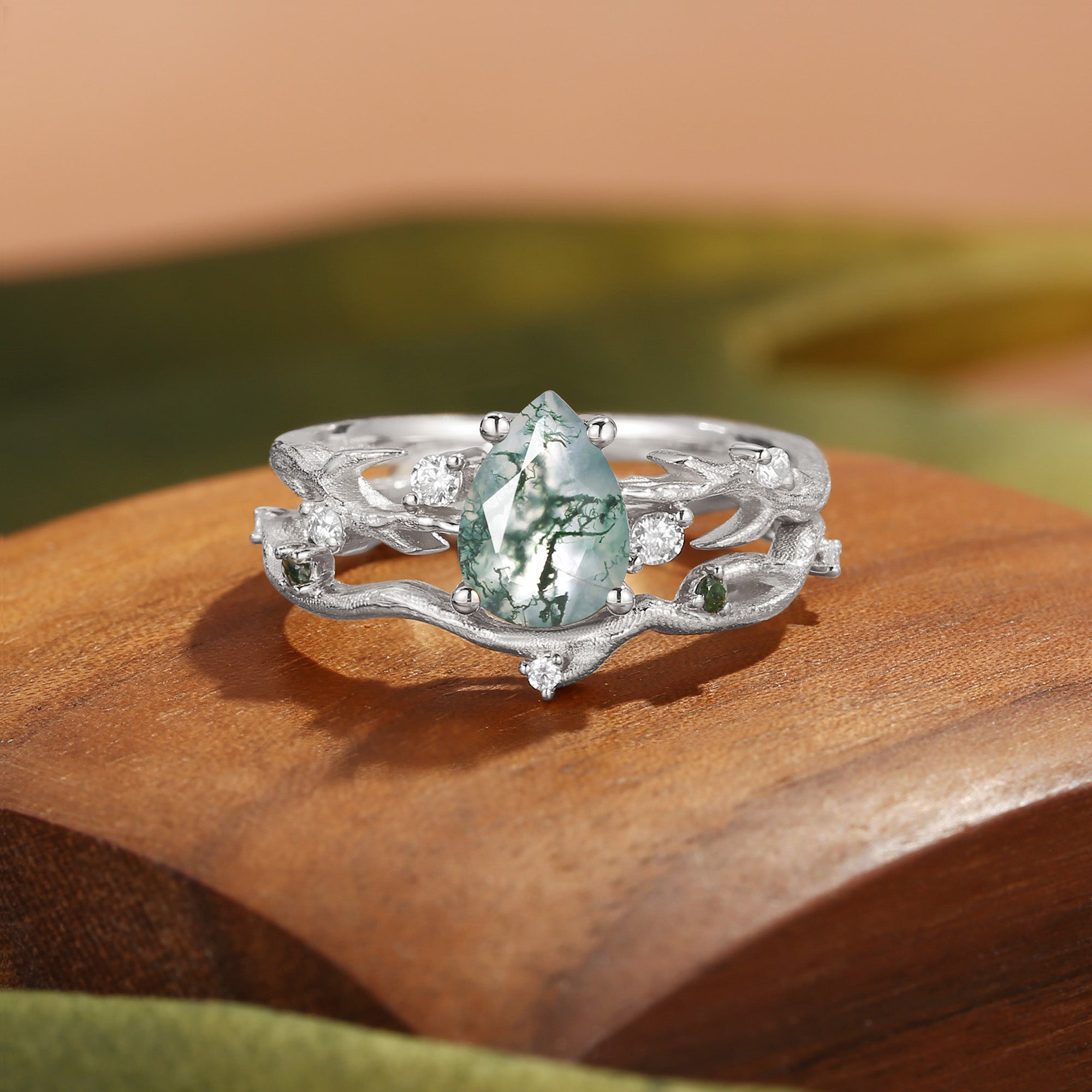 Camellia - Pear Cut Moss Agate Branch Leafy Bridal Set 2pcs