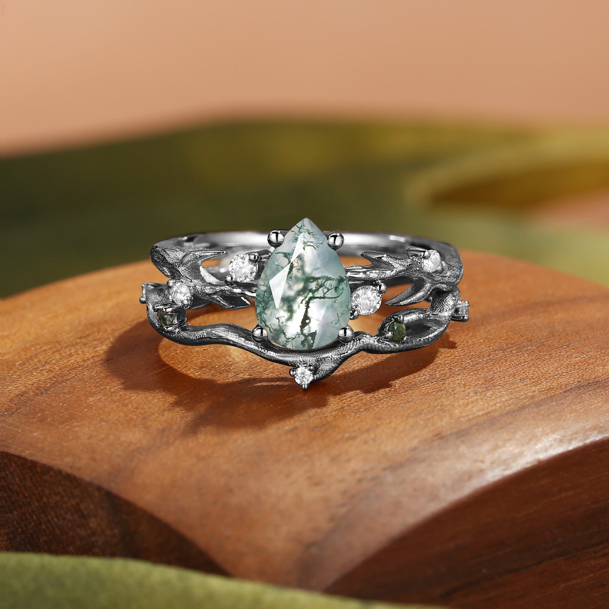 Camellia - Pear Cut Moss Agate Branch Leafy Bridal Set 2pcs