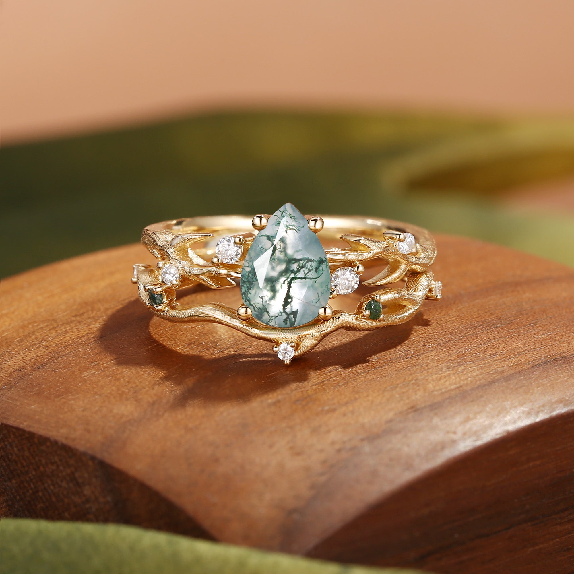 Camellia - Pear Cut Moss Agate Branch Leafy Bridal Set 2pcs