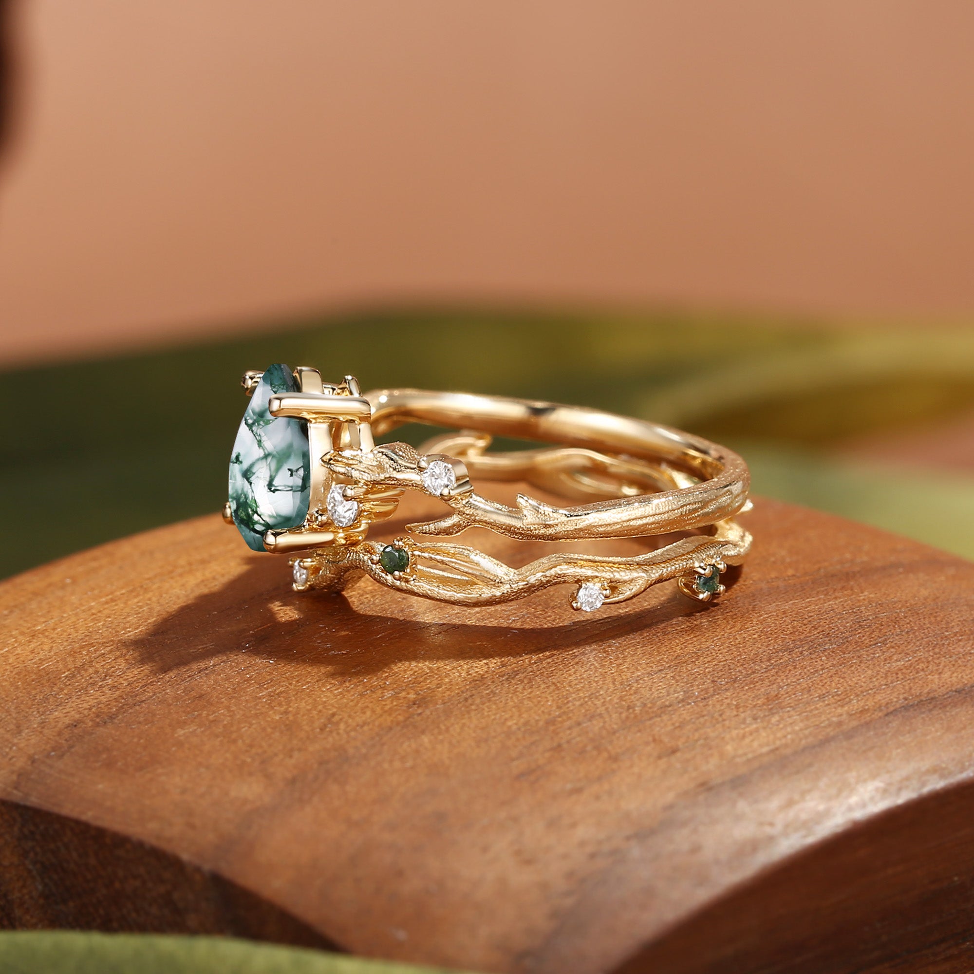 Camellia - Pear Cut Moss Agate Branch Leafy Bridal Set 2pcs