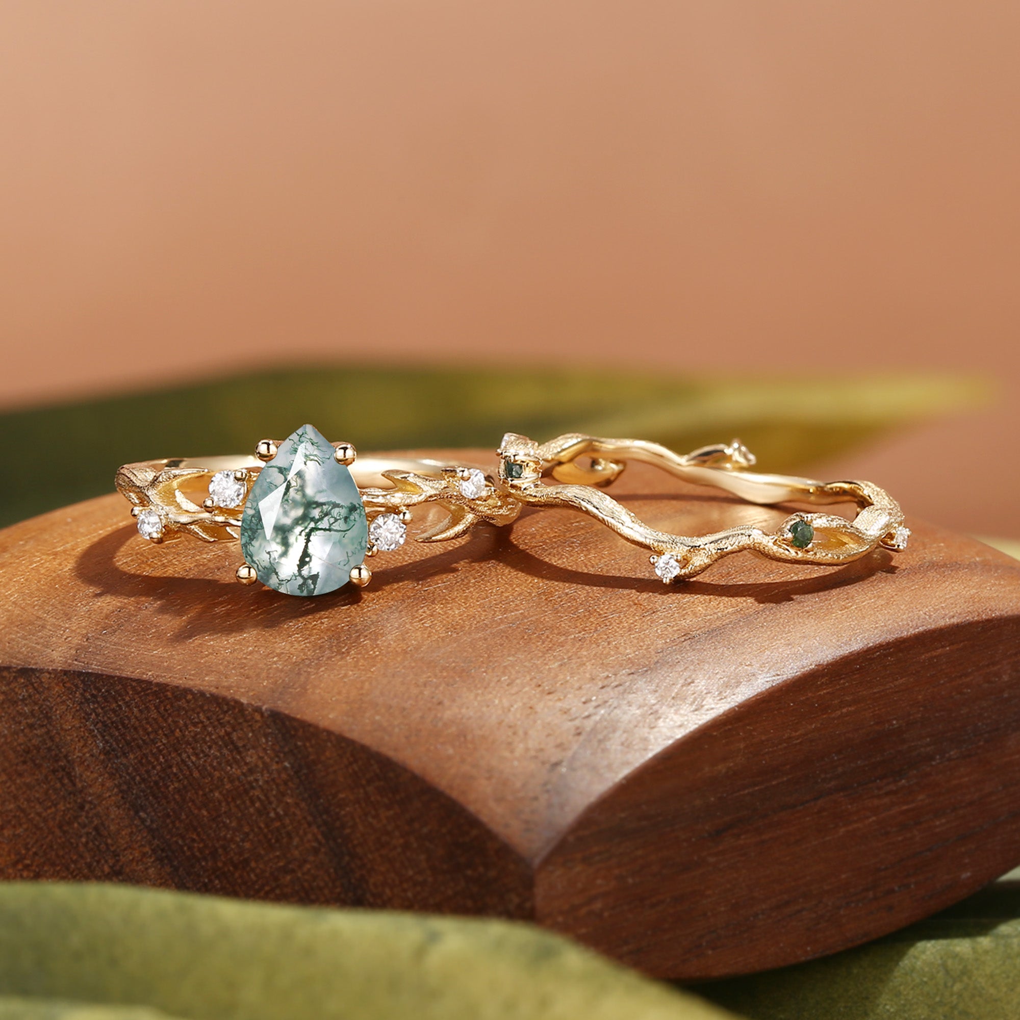 Camellia - Pear Cut Moss Agate Branch Leafy Bridal Set 2pcs