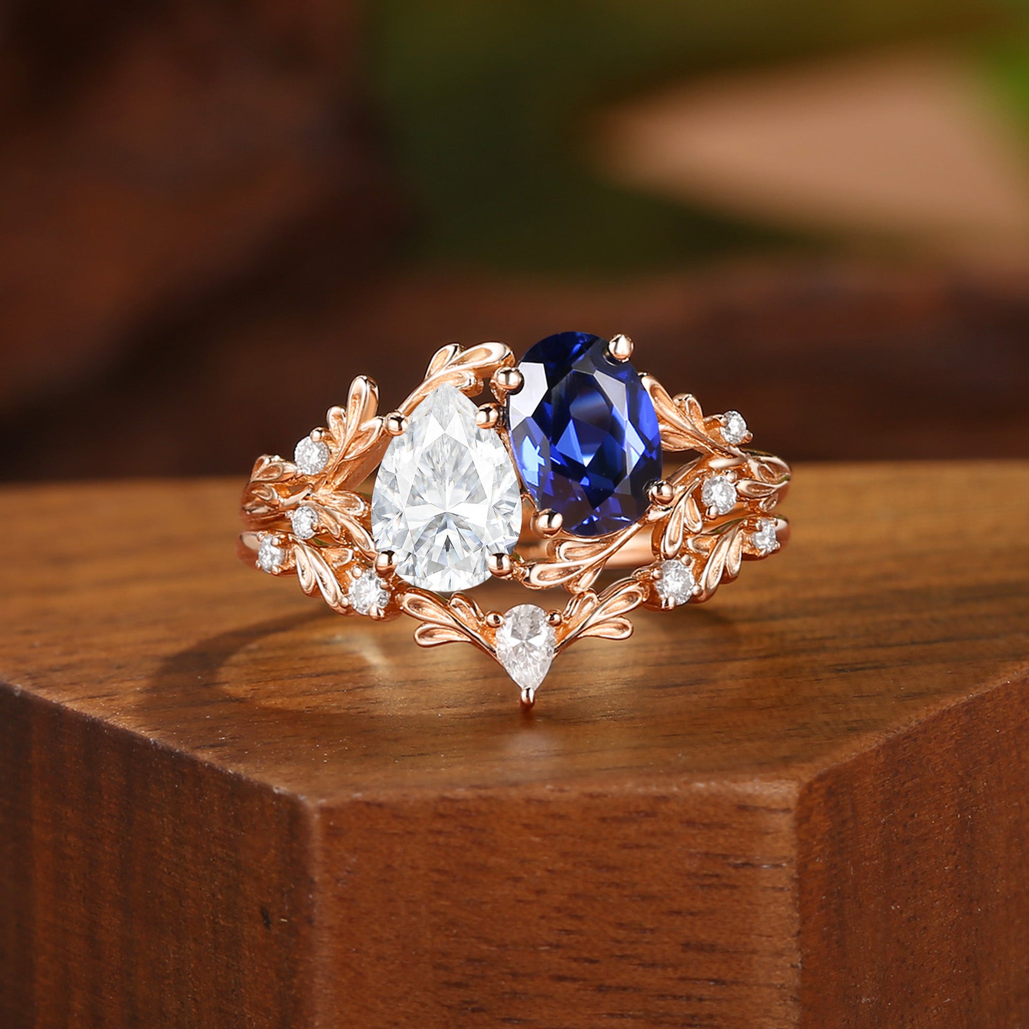 Isolde - Toi Et Moi Sapphire & Moissanite Leaf Two Stone Bridal Set 2PCS