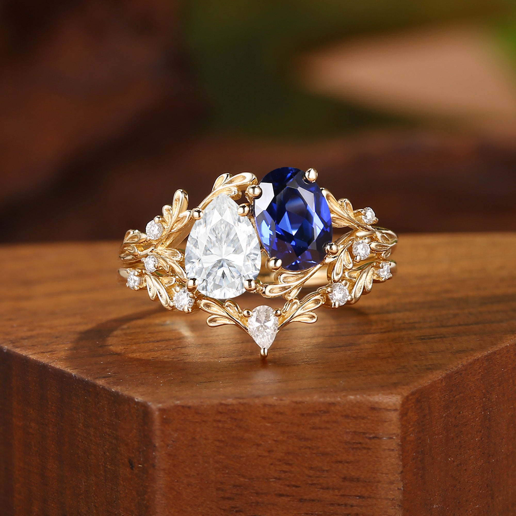 Isolde - Toi Et Moi Sapphire & Moissanite Leaf Two Stone Bridal Set 2PCS