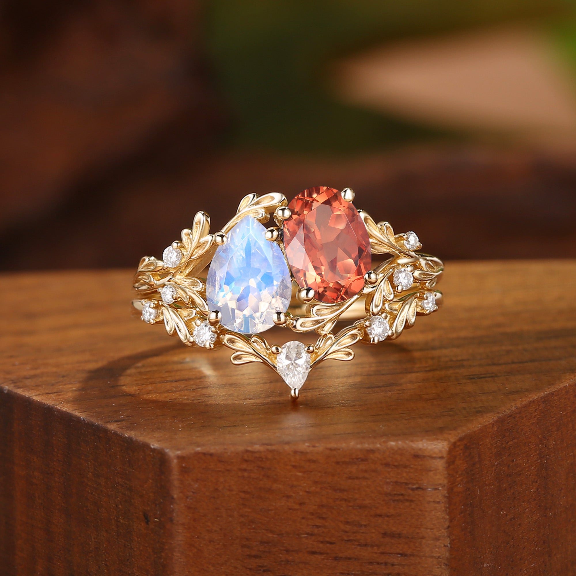 Isolde - Toi Et Moi Moonstone & Sunstone Leaf Two Stone Bridal Set