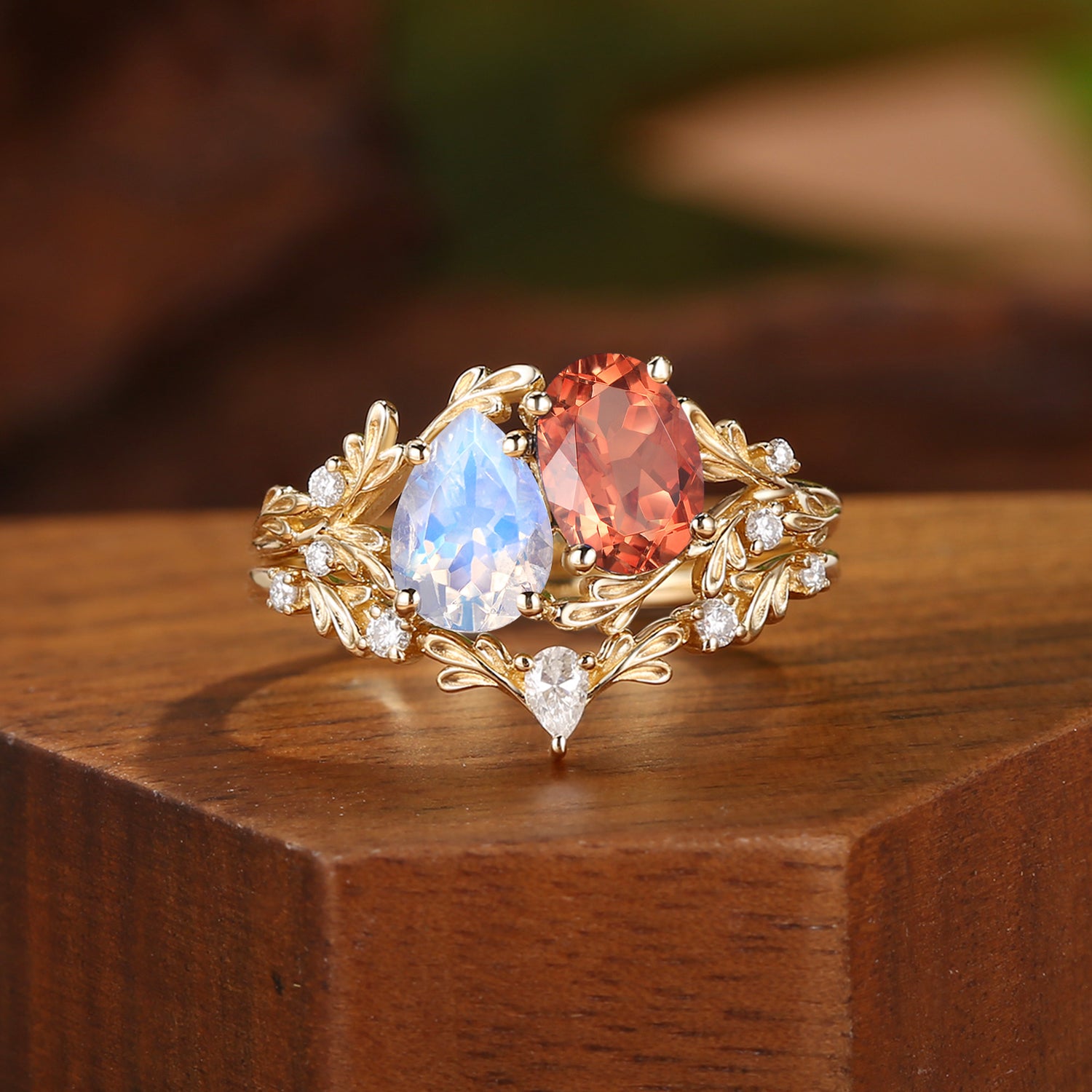 Isolde - Toi Et Moi Moonstone & Sunstone Leaf Two Stone Bridal Set 2PCS