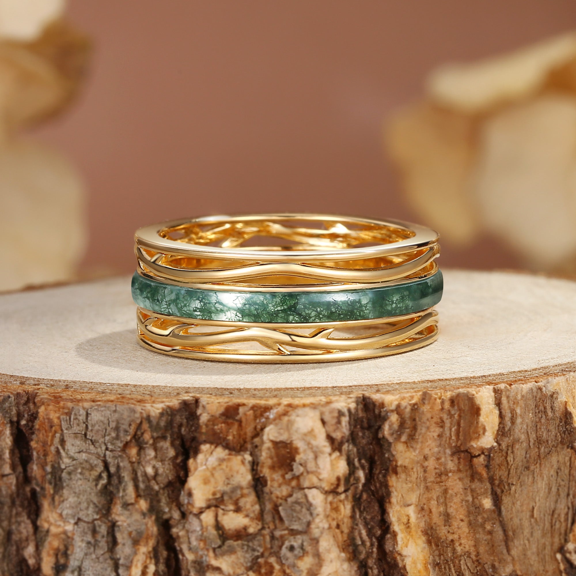 8MM Moss Agate Branch Yellow Gold Men Rings