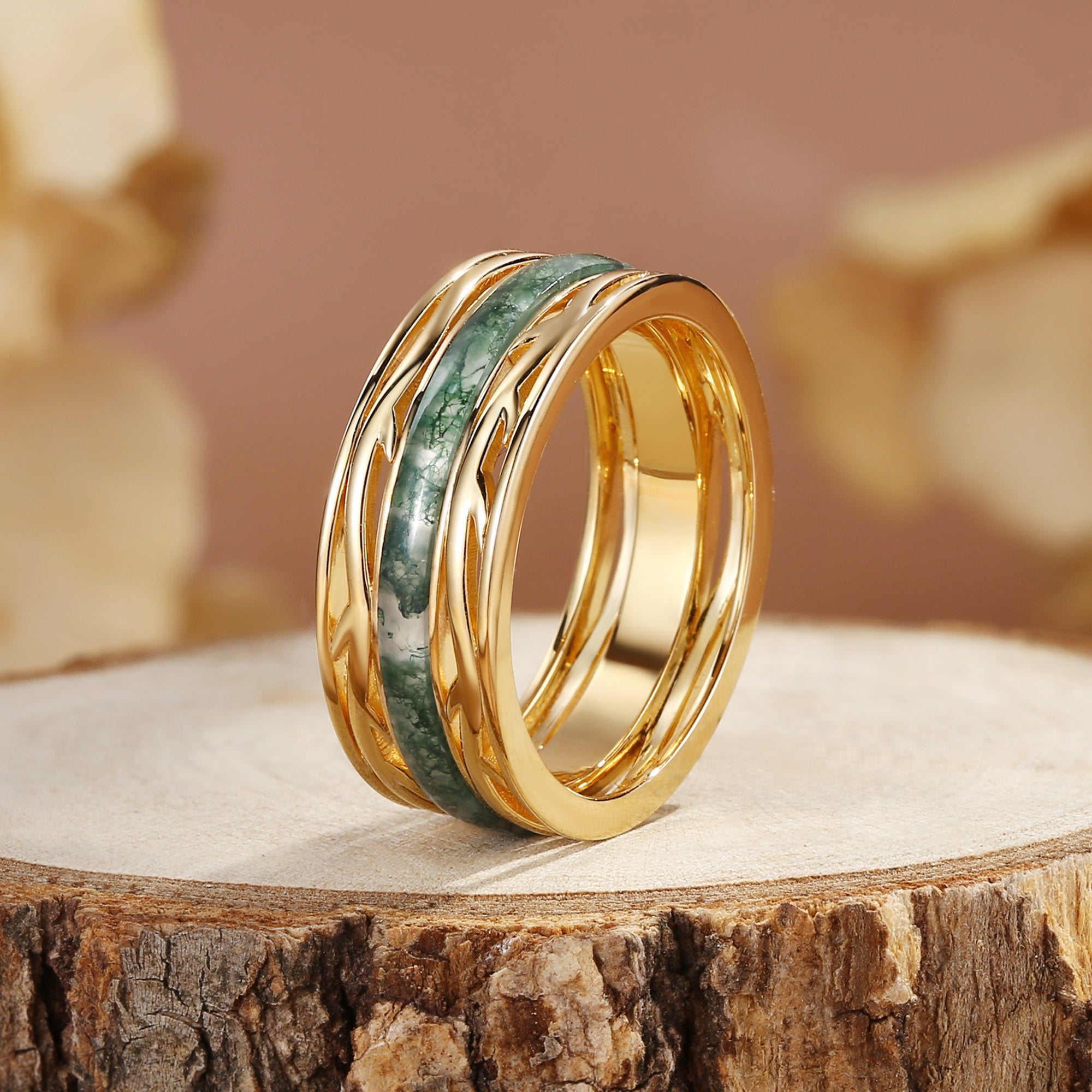 8MM Moss Agate Branch Yellow Gold Men Rings