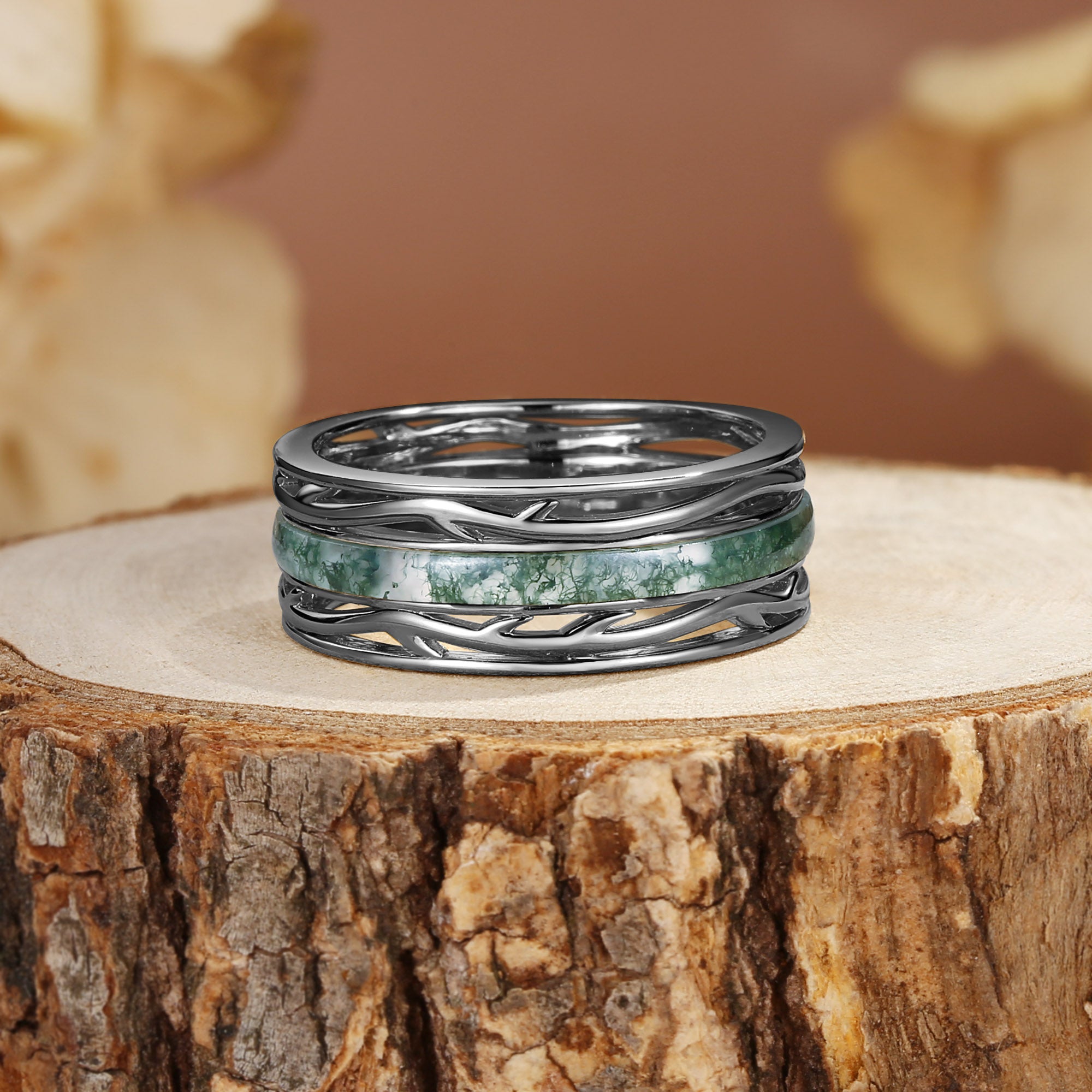 8MM Moss Agate Branch Yellow Gold Men Rings