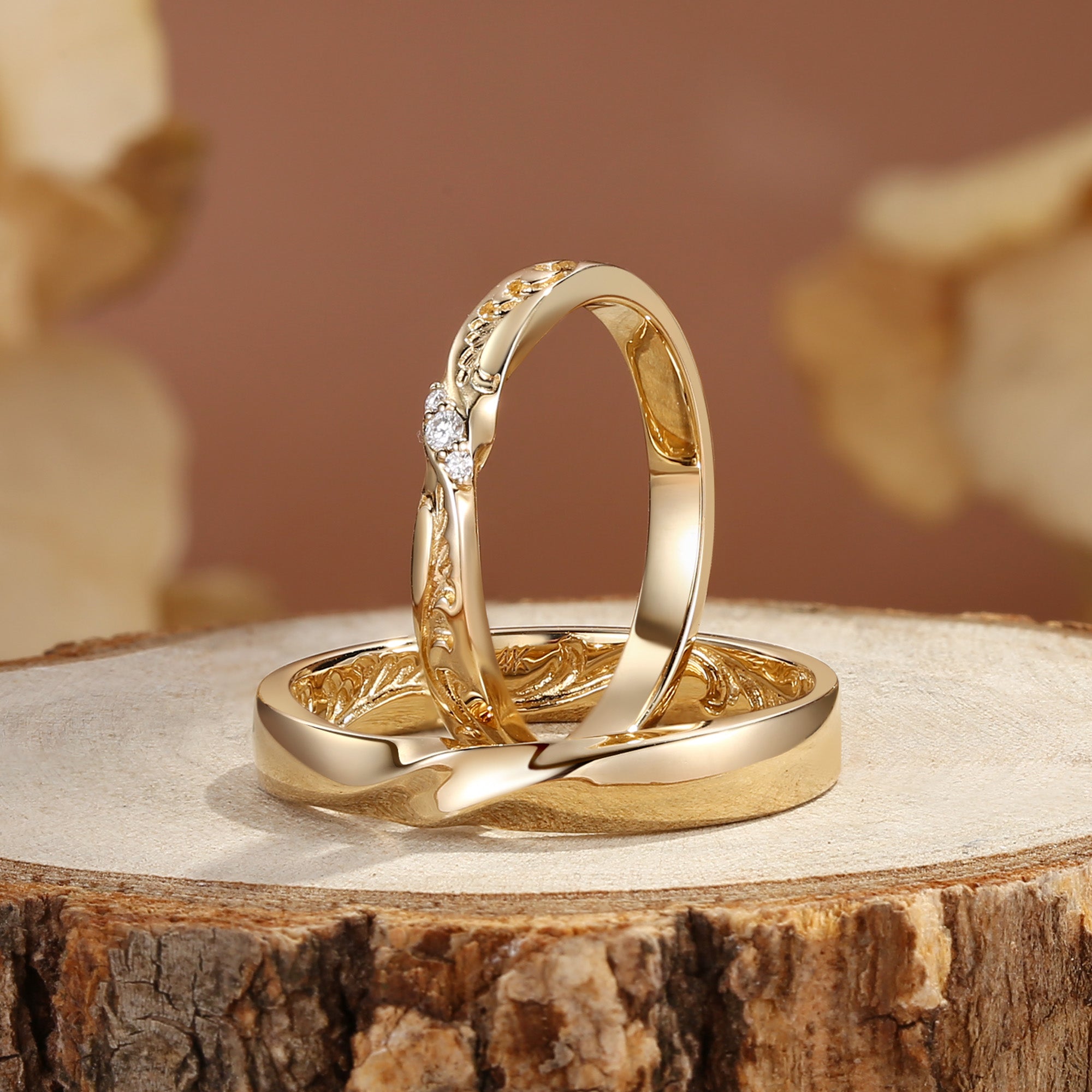 Monique - Unique Gold Design Moissanite Leafy Couple Ring