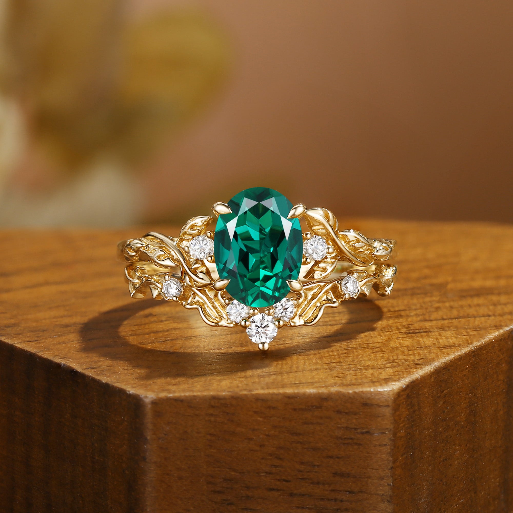 Eden - Oval Cut Lab Emerald Leaf Branch Engagement Ring Set 2pcs