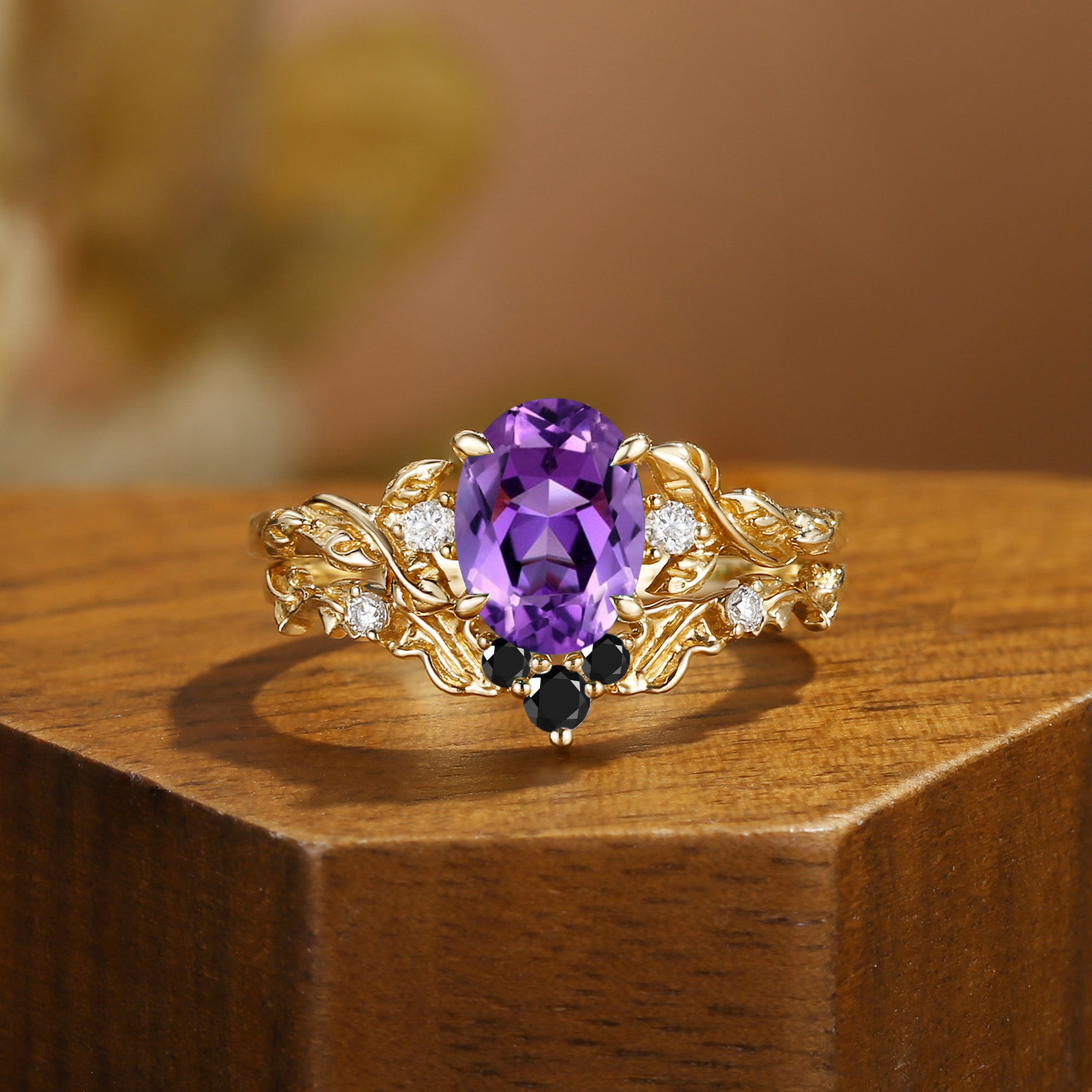 Eden - Oval Cut Amethyst Leaf Branch Engagement Ring Set 2pcs