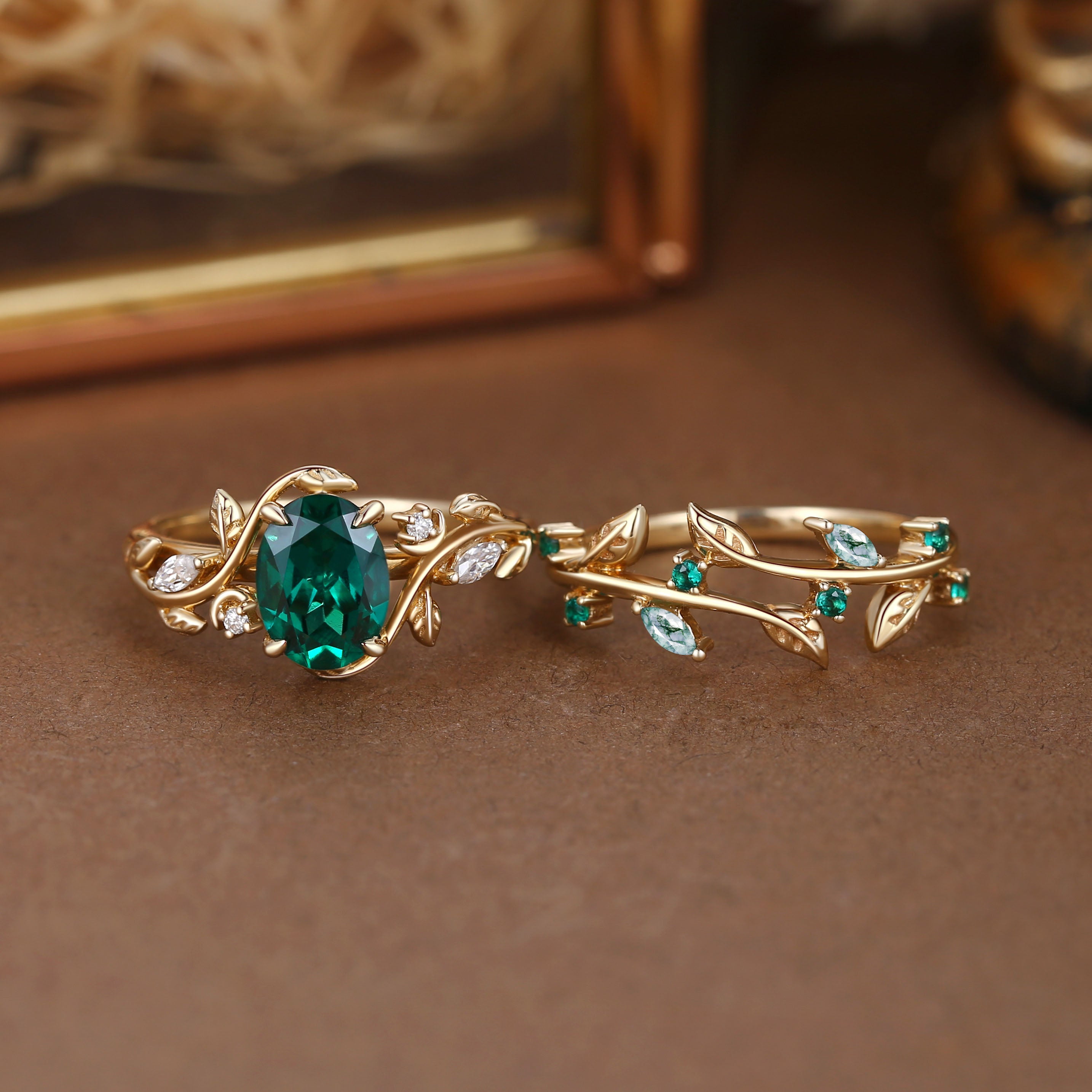 Désirée - Oval Cut Lab Emerald Branch Leafy Engagement Ring Set 2pcs