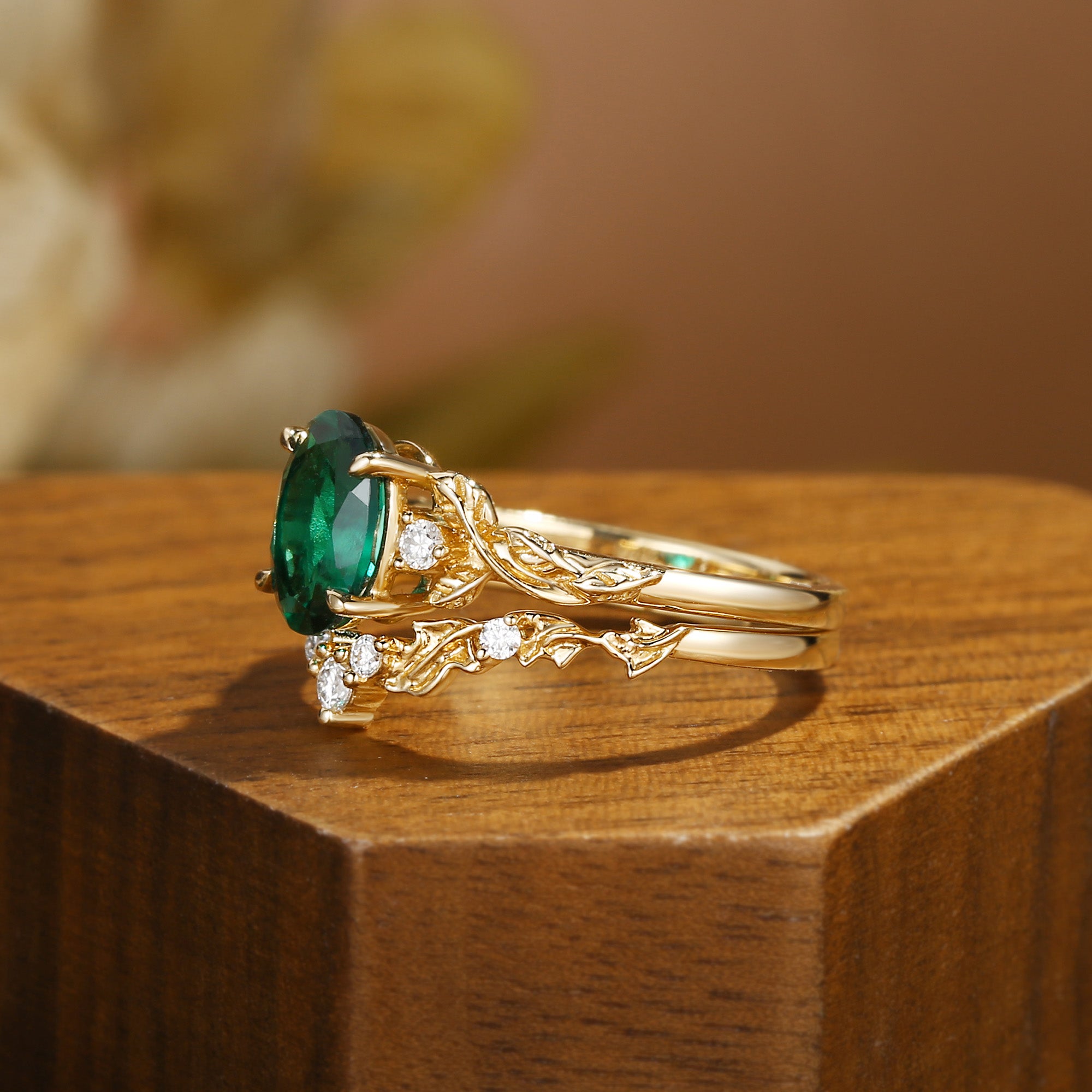 Eden - Oval Cut Lab Emerald Leaf Branch Engagement Ring Set 2pcs