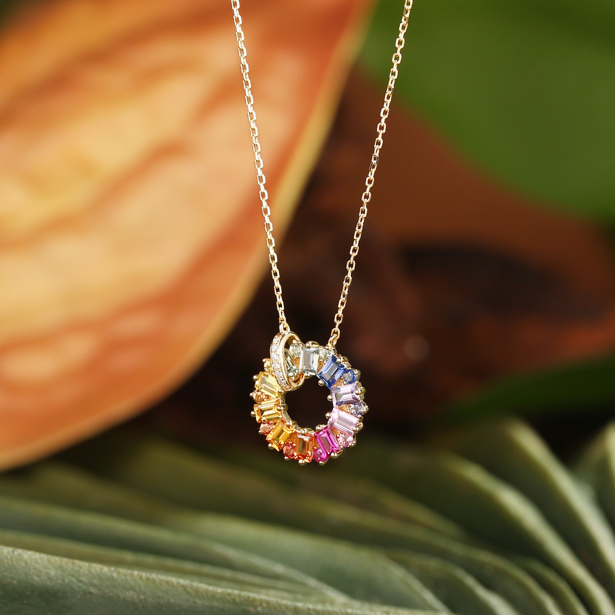 Monet's Garden-Inspired Lab Rainbow Sapphire Pendant